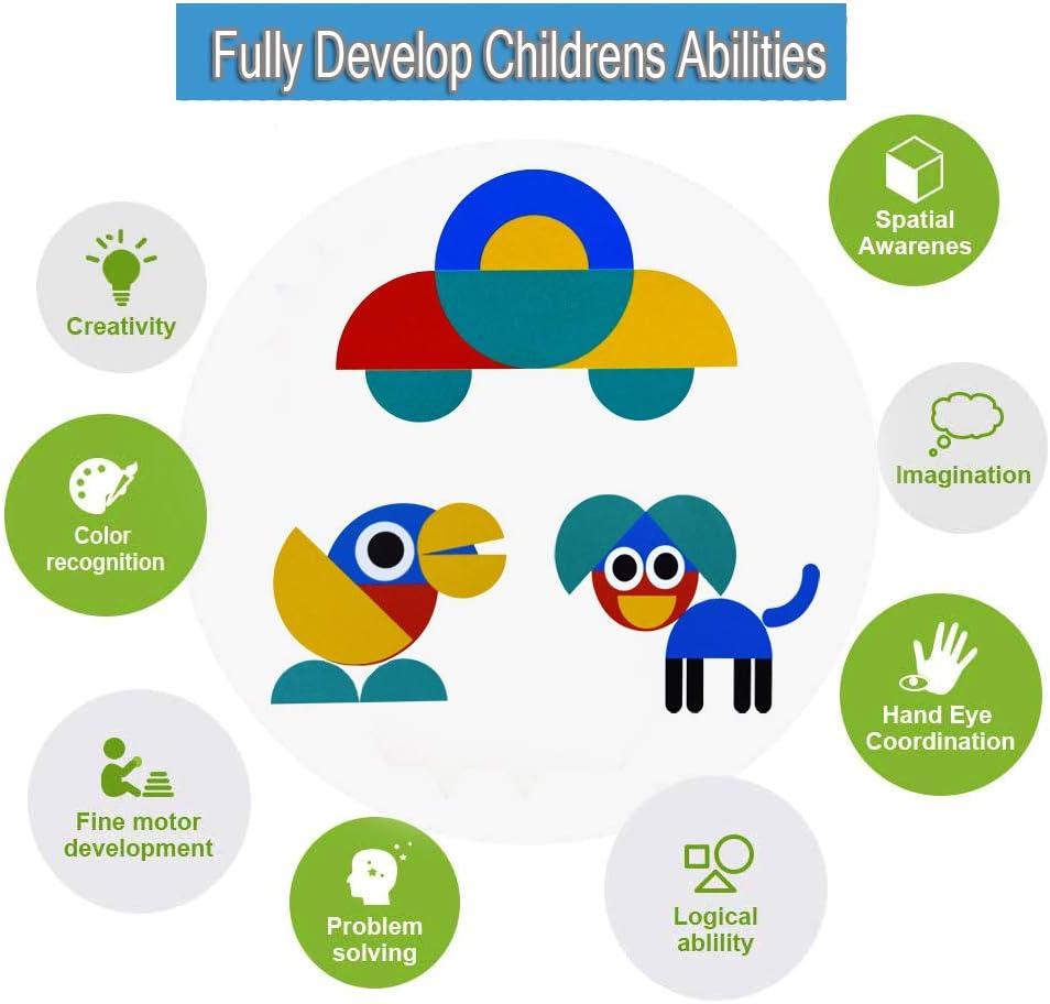 Tangram Shape Puzzle - Wooden Pattern Blocks Animal Jigsaw Color Sorting Stacking Game Preschool Montessori Learning Toys Brain Teaser STEM Gift for 3 4 5 Years Old Toddler Kid (60 Pattern Cards)