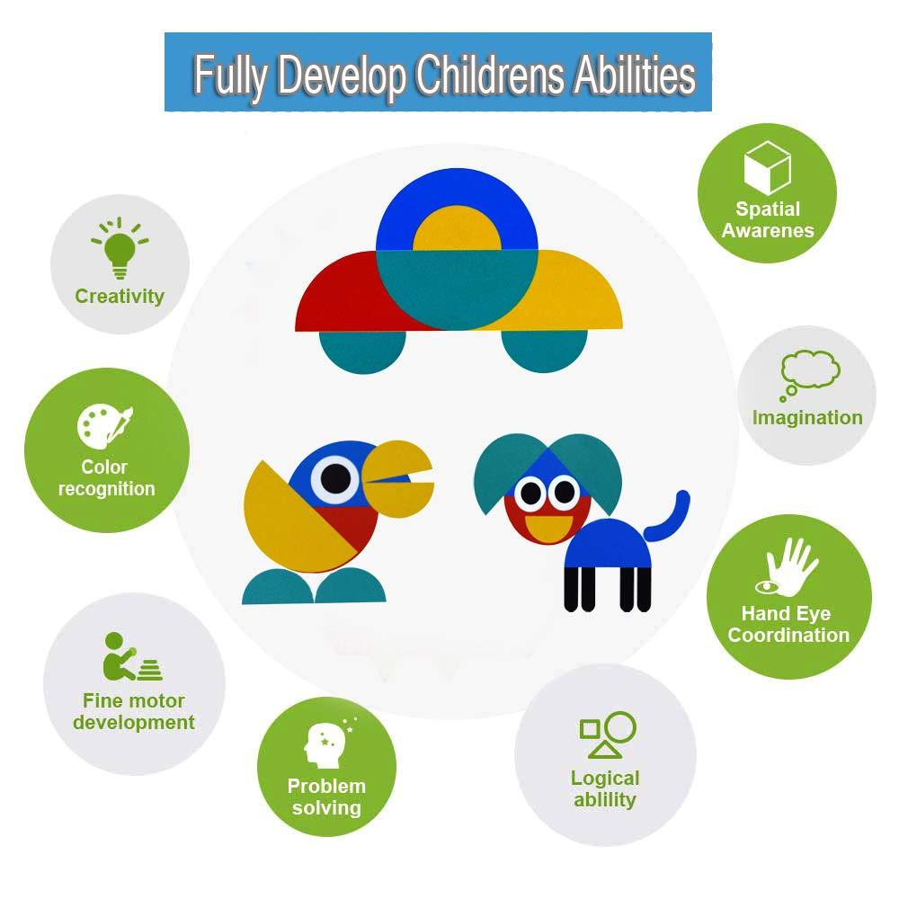 Tangram Shape Puzzle - Wooden Pattern Blocks Animal Jigsaw Color Sorting Stacking Game Preschool Montessori Learning Toys Brain Teaser STEM Gift for 3 4 5 Years Old Toddler Kid (60 Pattern Cards)