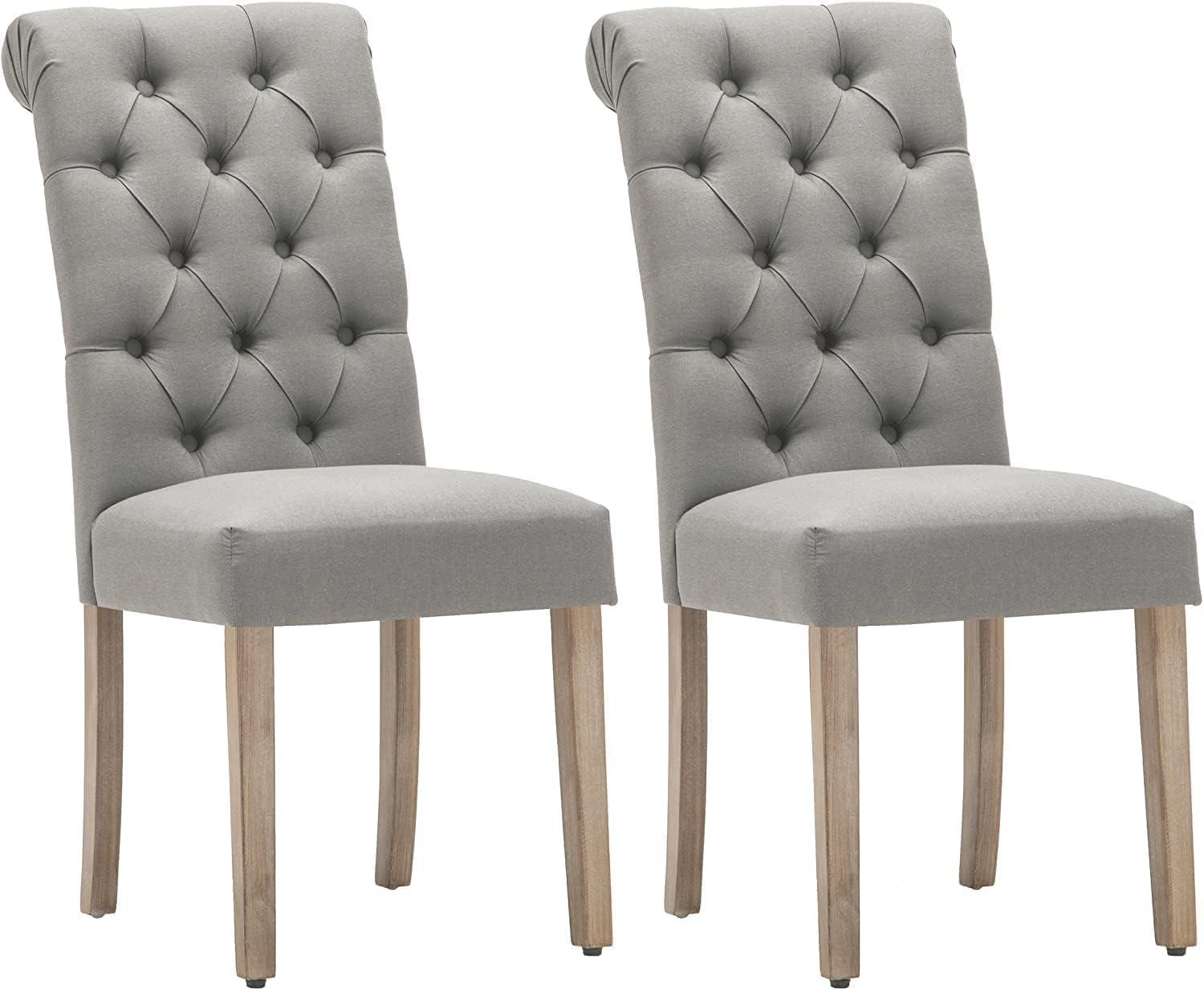 Sophisticated Grey Linen and Weathered Wood Tufted Dining Chair (Set of 2)