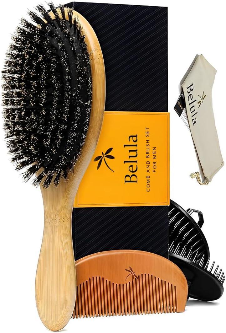 Belula 100% Boar Bristle Hair Brush Set (Medium). Soft Natural Bristles for Thin and Fine Hair. Restore Shine And Texture. Wooden Comb, Travel Bag and Spa Headband Included!