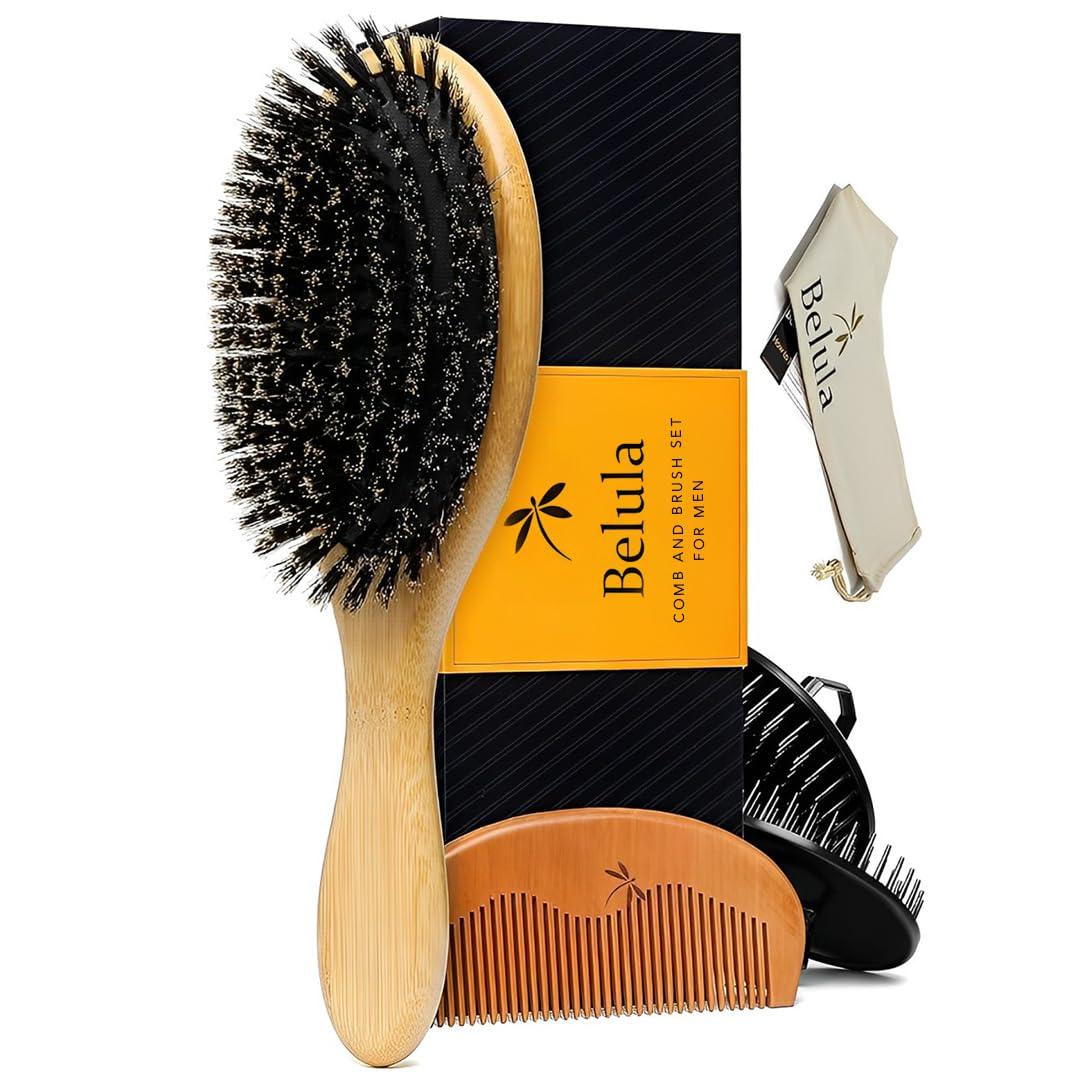 Belula 100% Boar Bristle Hair Brush Set (Medium). Soft Natural Bristles for Thin and Fine Hair. Restore Shine And Texture. Wooden Comb, Travel Bag and Spa Headband Included!