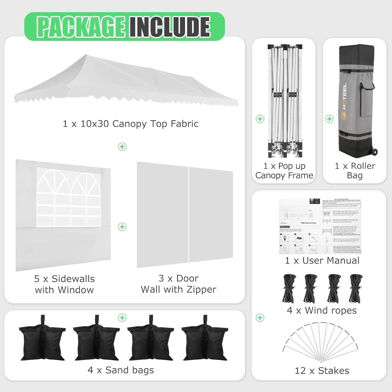 10'x30' EZ Outdoor Pop Up Canopy Tent, Waterproof and Sunproof Beach Canopy with 8 Removable Sidewalls, Heavy Duty Party Wedding Canopy, Height Adjustable Comes with 4 Sandbags, Rolling Bag (White)