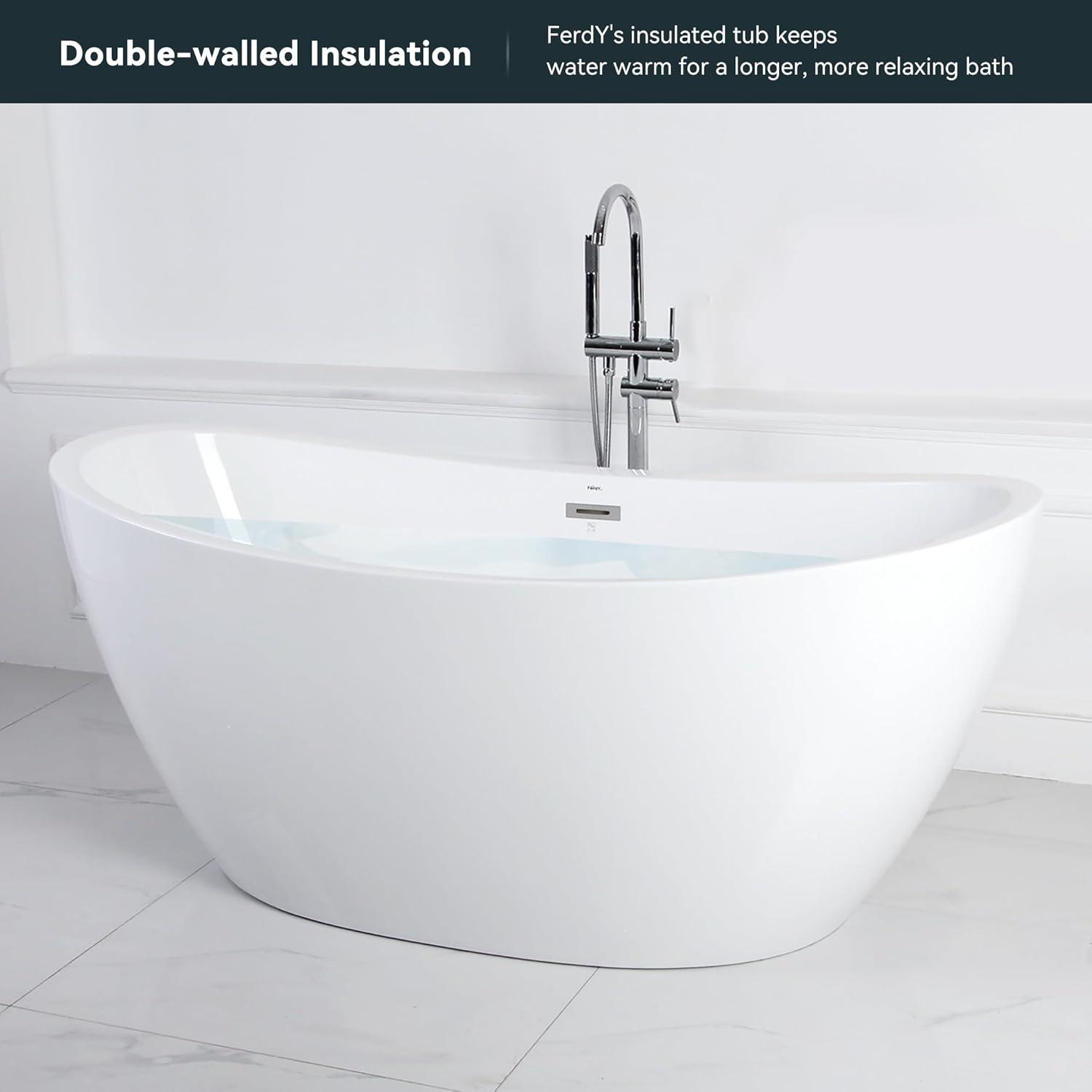 Naha Freestanding Soaking Acrylic Bathtub with Drain