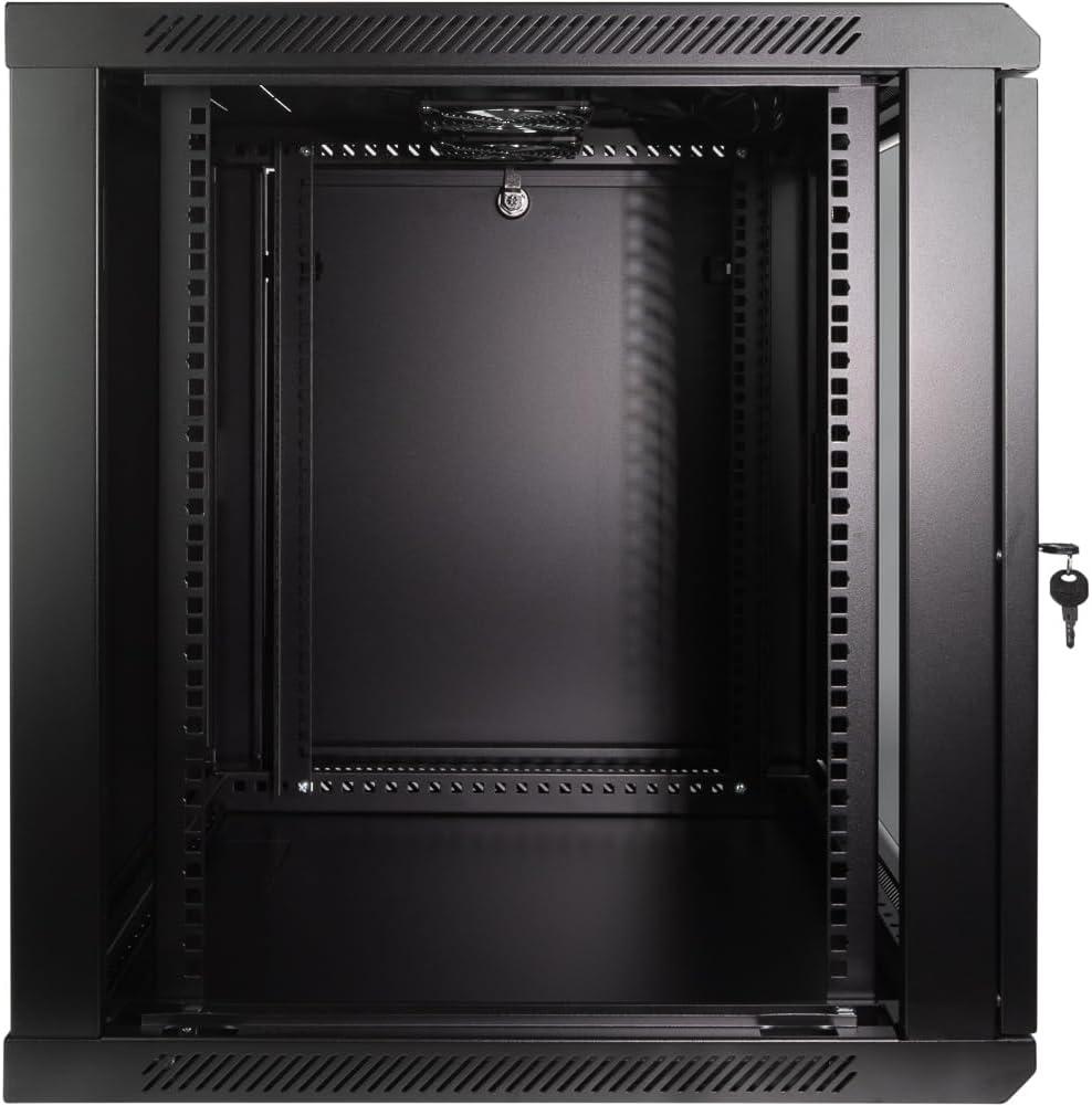 NavePoint 12U Server Rack Enclosure - 23.6” Deep, 12U Wall Mount Network Cabinet with Locking Glass Door for 19” IT Equipment, 12U Network Rack with 2 Fans, Removable Side Panels, Black