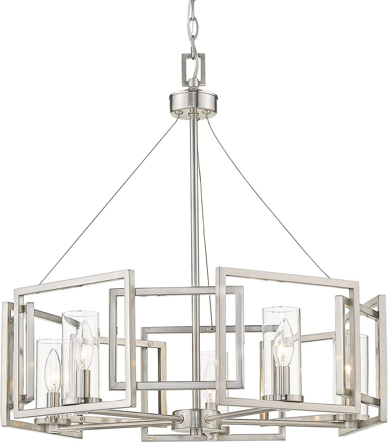 Elegant White Gold 5-Light Chandelier with Clear Glass Cylinders