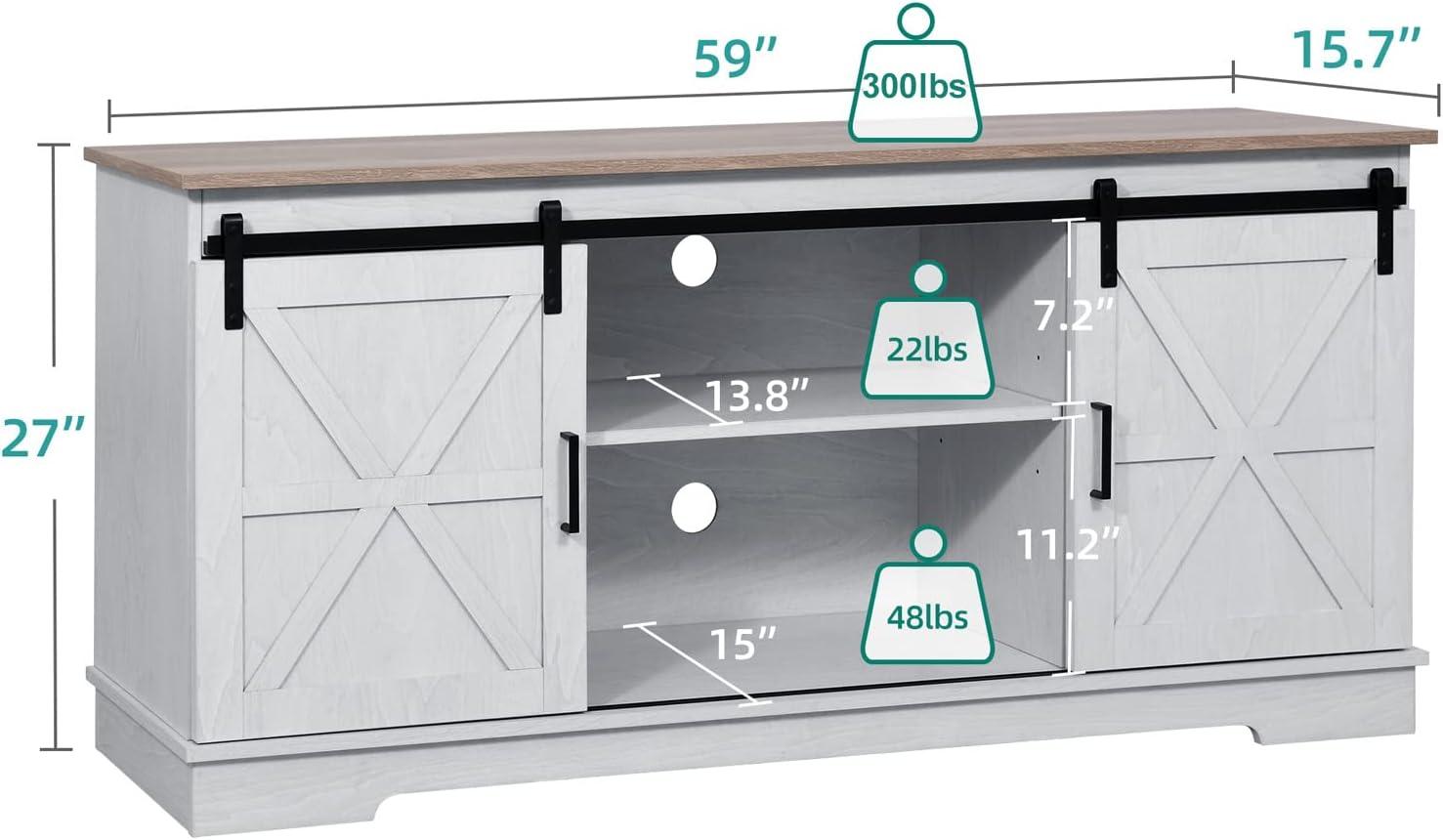 Kitchen Buffet Cabinet, 60“ Farmhouse Sliding Barn Door Coffee Bar Sideboard Buffet Cabinet with Capacity 300 lbs for Home Kitchen Dinning Living Room, Grey White/Grey Wash