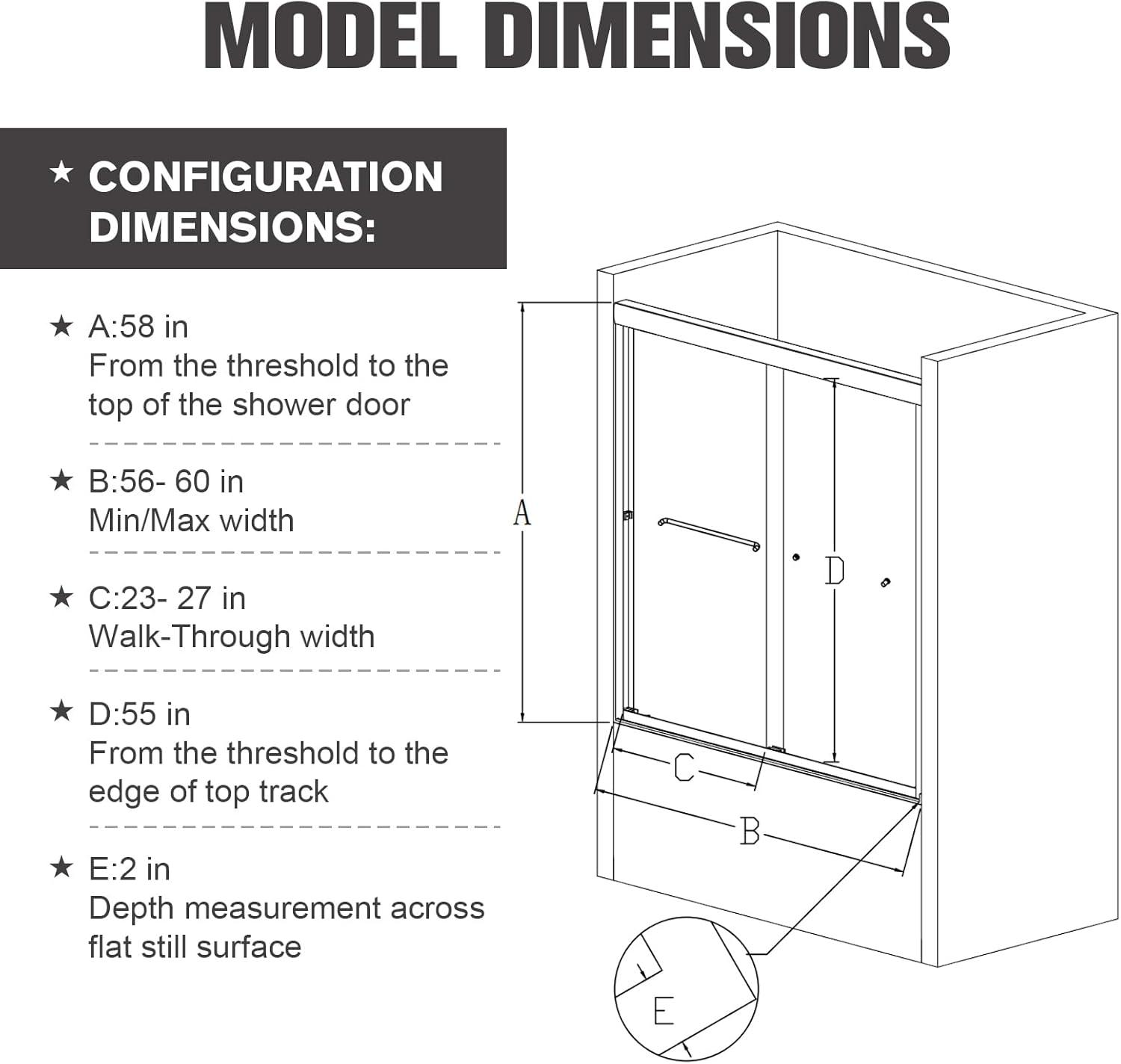 56"-60"W*58" H Semi-Frameless Double Sliding Tub Door, Bypass Bathtub Shower, 1/4" (6mm) Thick SGCC Tempered Glass Door, Chrome