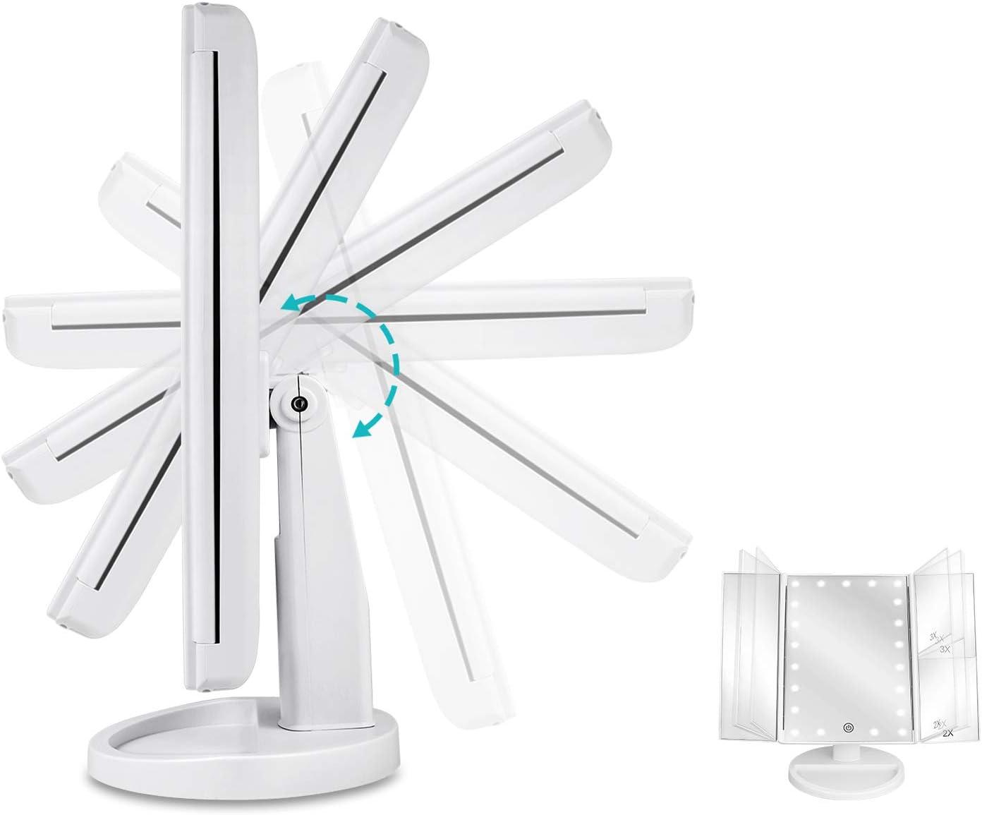 deweisn Floor Mount Tri-Fold Lighted Vanity Mirror with 21 LED Lights, Touch Screen and 3X/2X/1X Magnification, Two Power Supply Modes Make Up Mirror,Travel Mirror