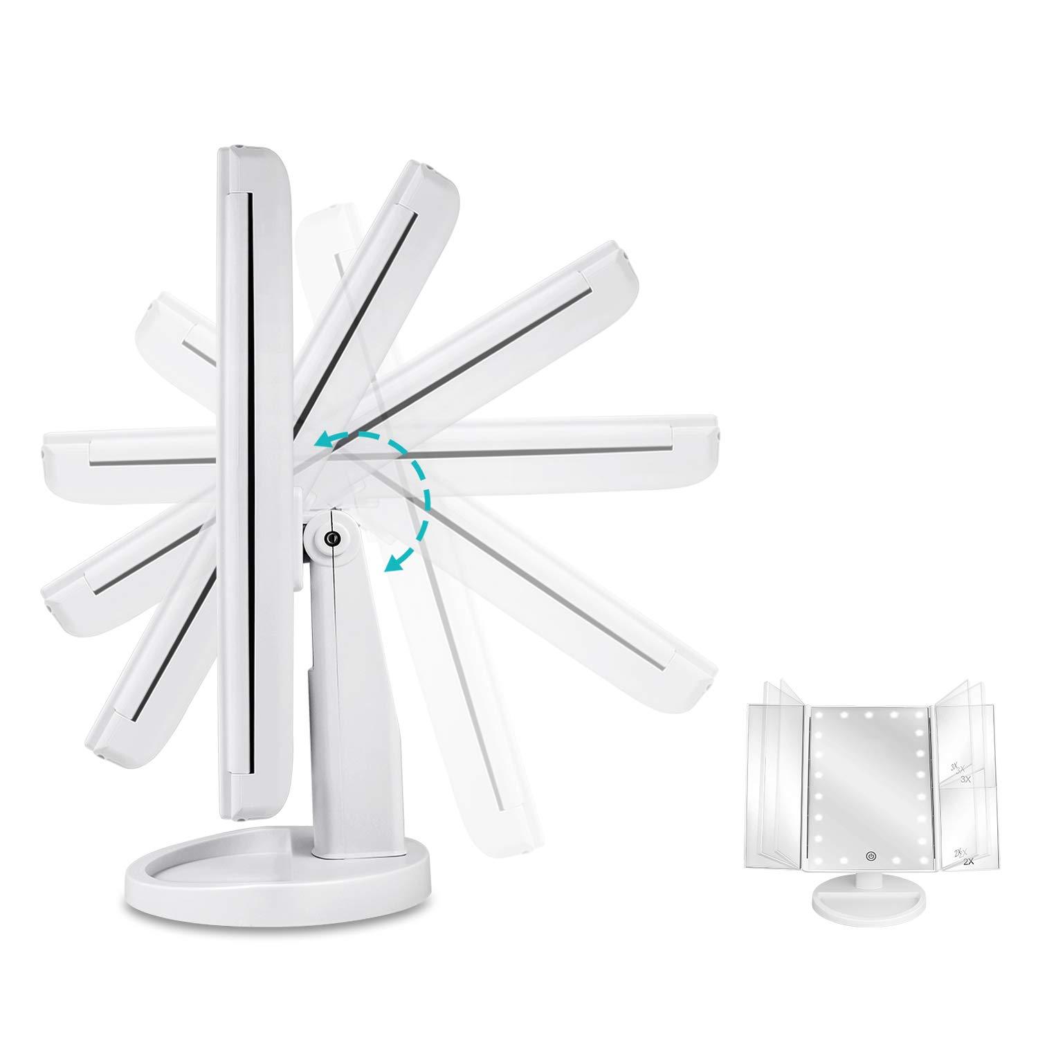 deweisn Floor Mount Tri-Fold Lighted Vanity Mirror with 21 LED Lights, Touch Screen and 3X/2X/1X Magnification, Two Power Supply Modes Make Up Mirror,Travel Mirror