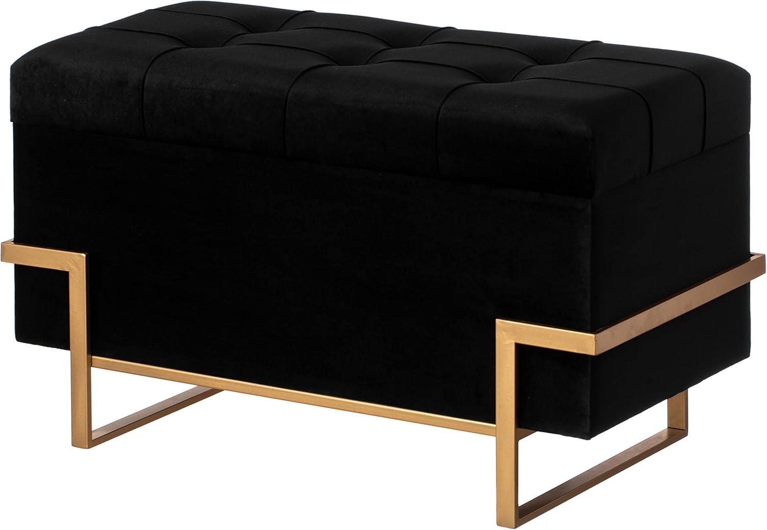 Fabulaxe Rectangle Velvet Storage Ottoman with Abstract Golden Legs | Sitting Bench for Living Room Home Decor with Unique Base Support (Black Large)