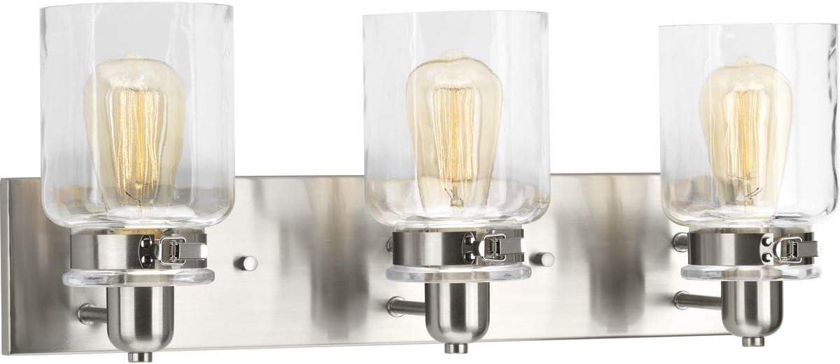 Calhoun Collection Three-Light Brushed Nickel Clear Glass Farmhouse Bath Vanity Light