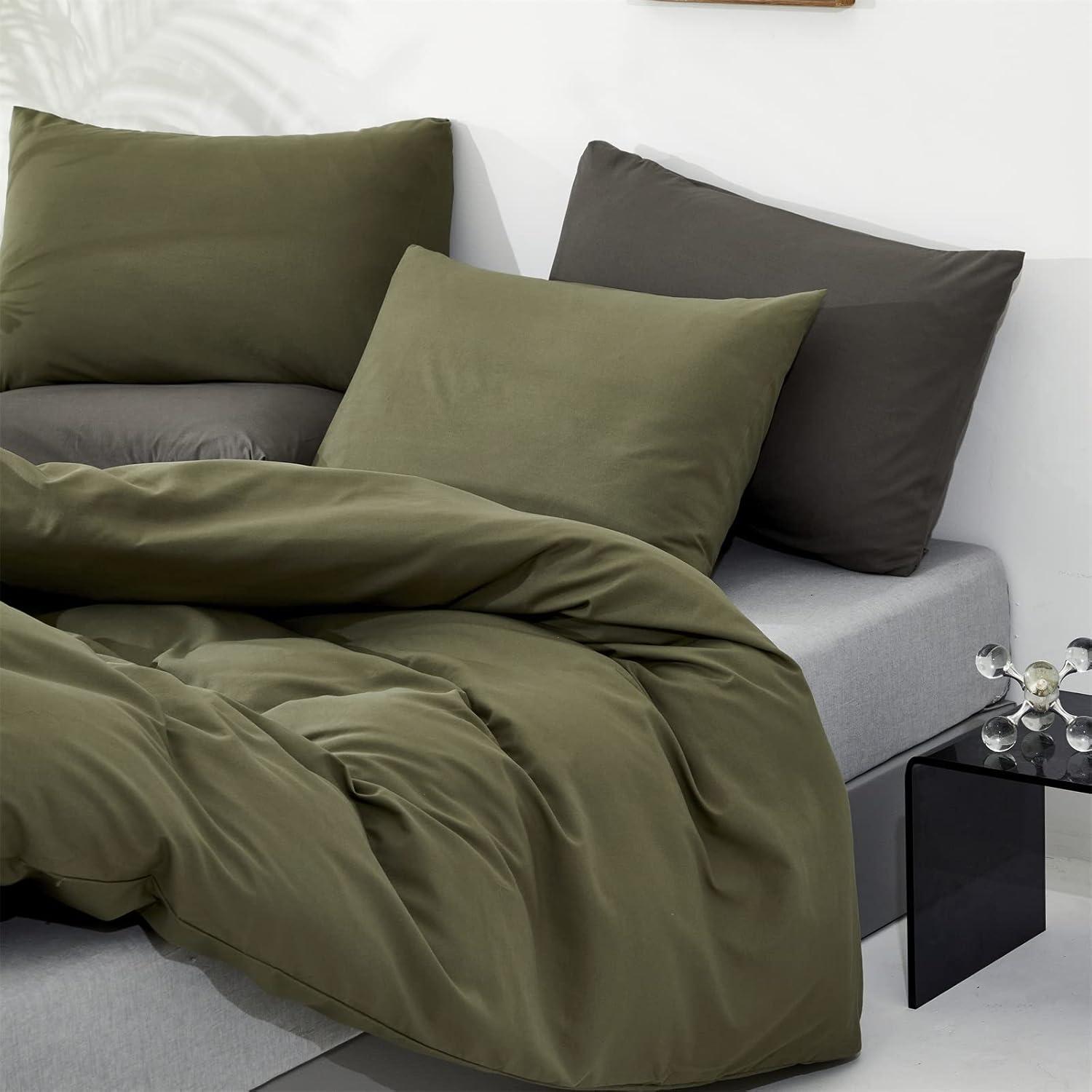 3 Piece 100% Washed Cotton Army Green Duvet Cover Set Luxury Soft and Breatheable Bedding Set with Zipper Closure,Queen Size