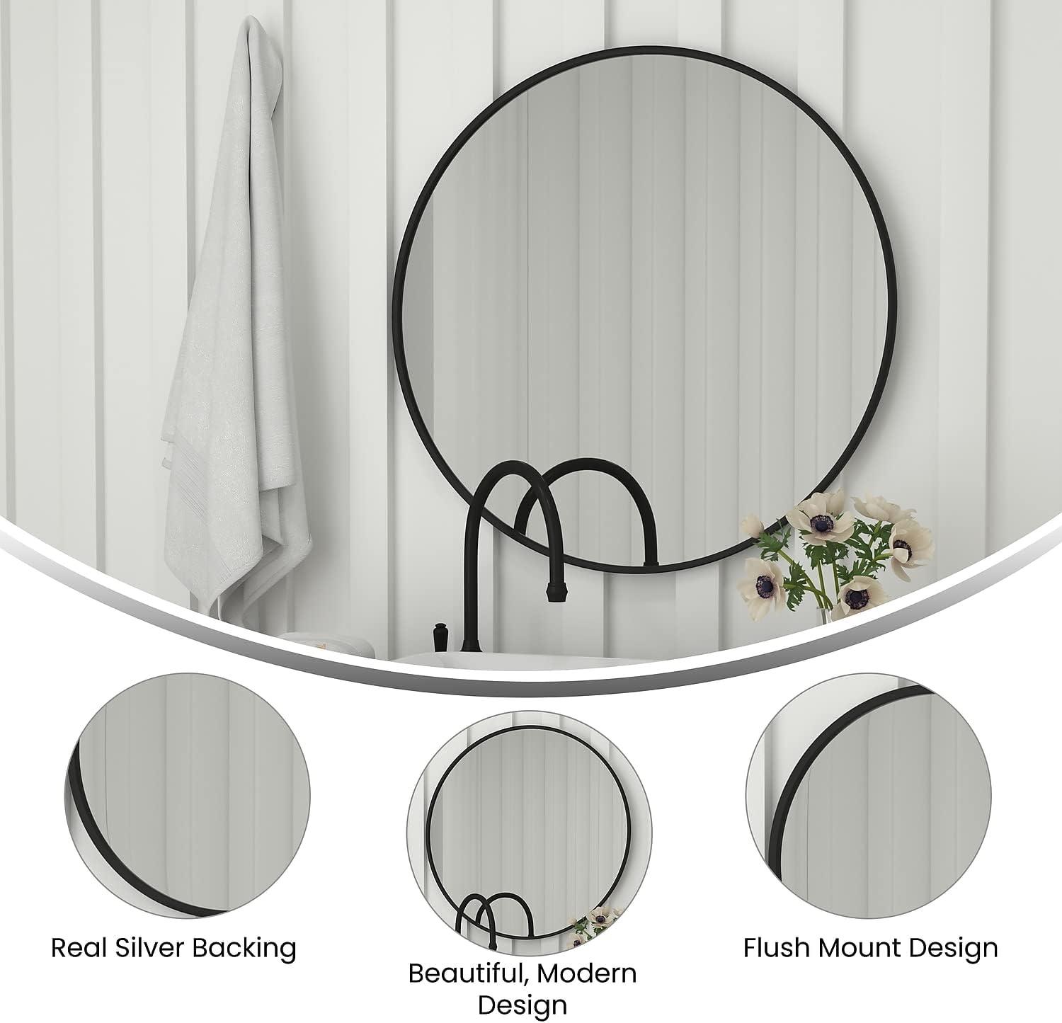 Flash Furniture Julianne 36" Round Black Metal Framed Wall Mirror - Large Accent Mirror for Bathroom, Vanity, Entryway, Dining Room, & Living Room