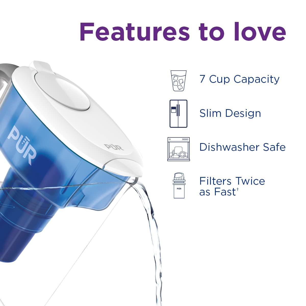 PUR 7 Cup Water Pitcher Filtration System White/Blue PPT700W: BPA-Free, Filters Chlorine & Mercury, 40-Gallon Capacity