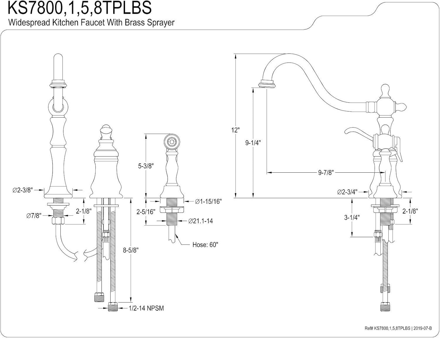 Kingston Brass Templeton Single-Handle 3-Hole Widespread Kitchen Faucet with Brass Sprayer