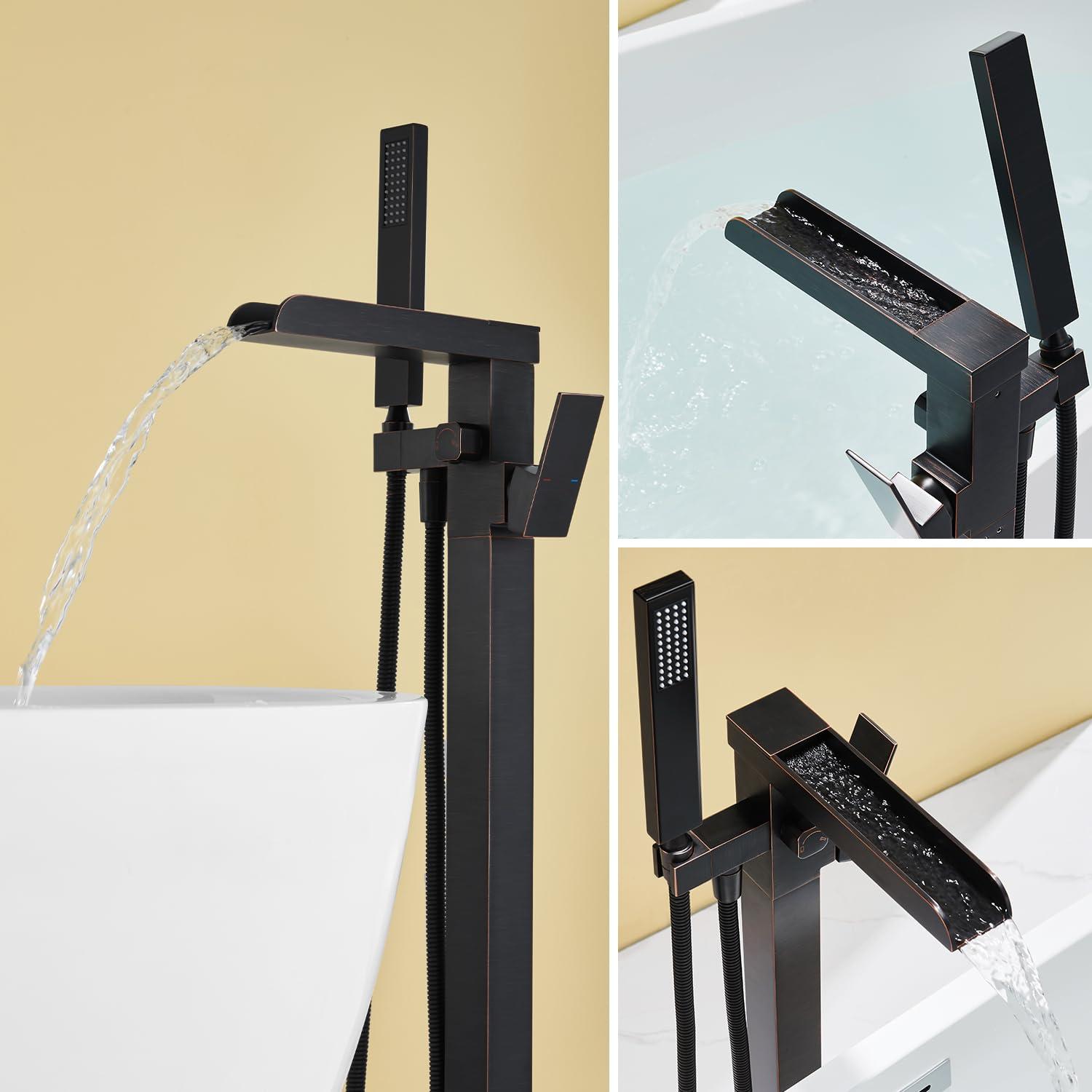 Single-Handle Floor Mount Freestanding Tub Faucet Waterfall Tub Filler with Handheld Shower in Oil Rubbed Bronze