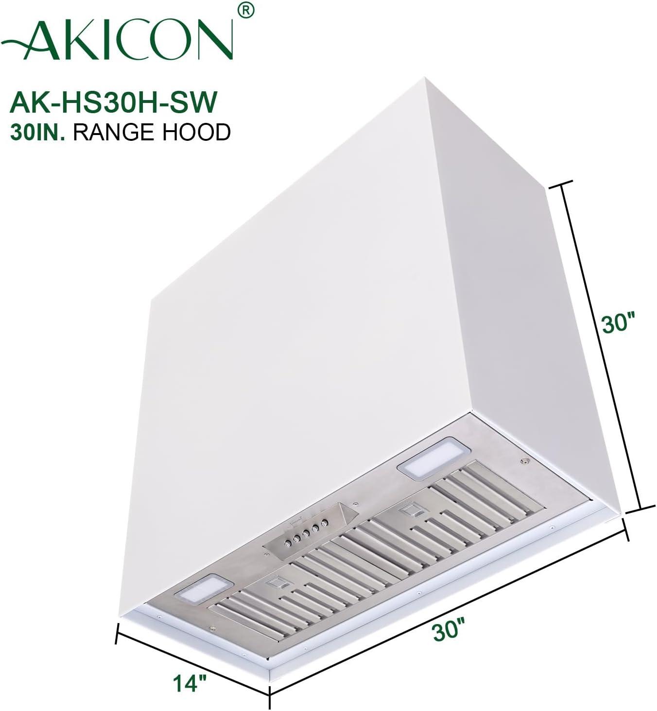 Akicon Stainless Steel Range Hood, Modern Box Kitchen Hood with Powerful Vent Motor, Wall Mount, 30”W*30”H*14D, Signal White