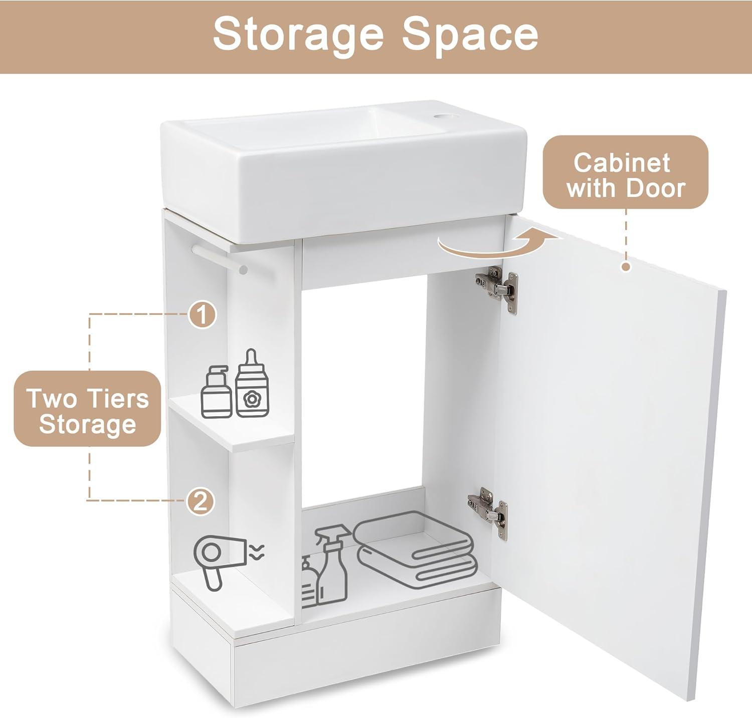 Bathroom Vanity with Sink, Modern Floor-Standing Small Bathroom Vanity with 2-Tier Shelf and Toilet Paper Holder, Batheroom Sink Cabinet with MDF Board for Batheroom