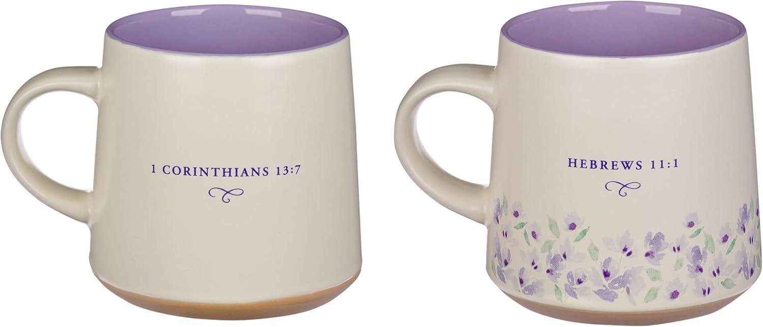 Christian Art Gifts Novelty Floral Ceramic Coffee & Tea Mug Set for Women: Faith & Love w/Encouraging Scripture, Microwave/Dishwasher Safe w/Clay Base - Set of 2 Large 14 oz. Cups, Lilac Purple/White