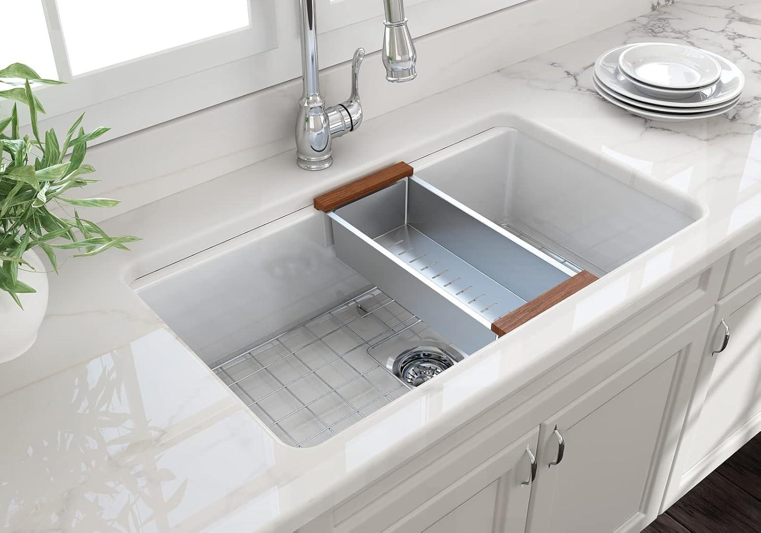 White Fireclay Farmhouse Drop-in Single Bowl Kitchen Sink Kit