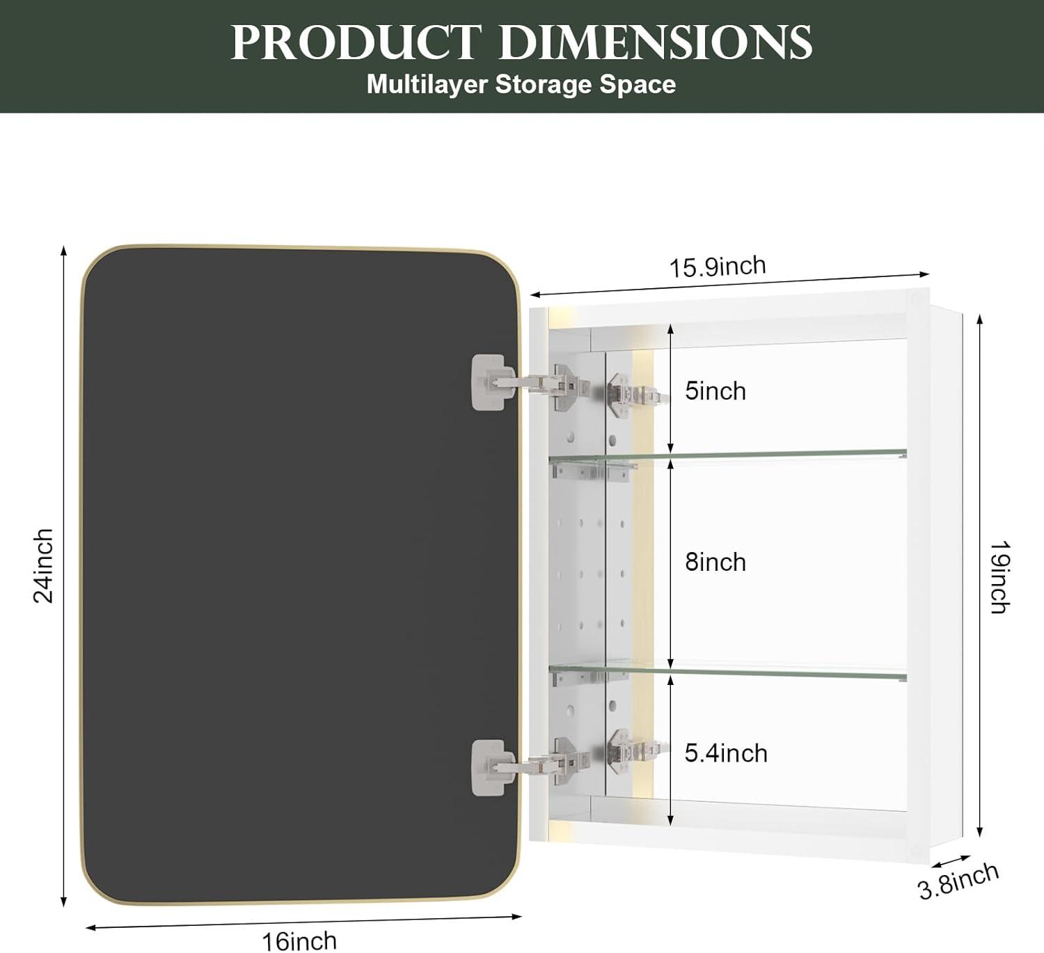 Bathroom Medicine Cabinet With Mirror, 16X24 Inch Gold Recessed Medicine Cabinet With Round Corner Aluminum Alloy Metal Framed, Single Door Modern Medicine Cabinet With Storage