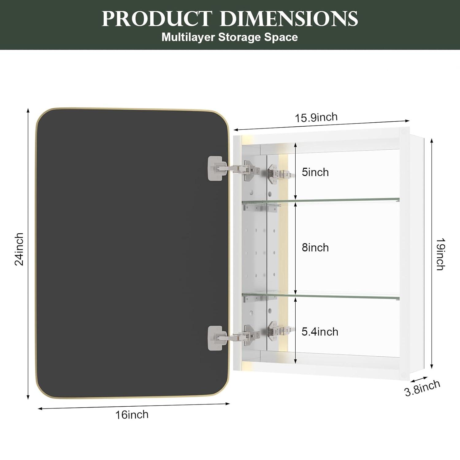 Bathroom Medicine Cabinet With Mirror, 16X24 Inch Gold Recessed Medicine Cabinet With Round Corner Aluminum Alloy Metal Framed, Single Door Modern Medicine Cabinet With Storage