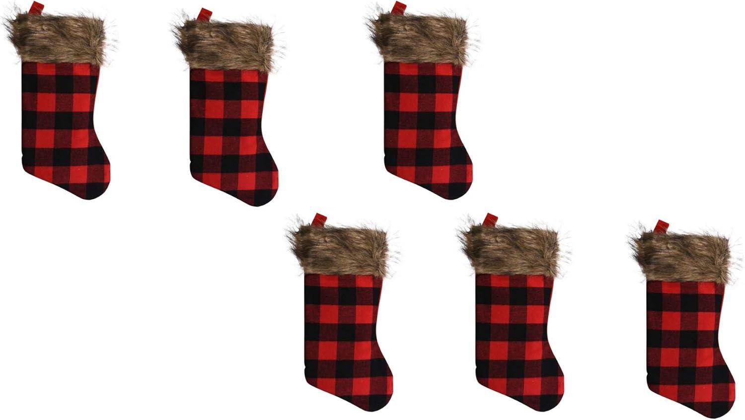 Set of 6 Red Buffalo Plaid Christmas Stockings with Faux Fur Trim