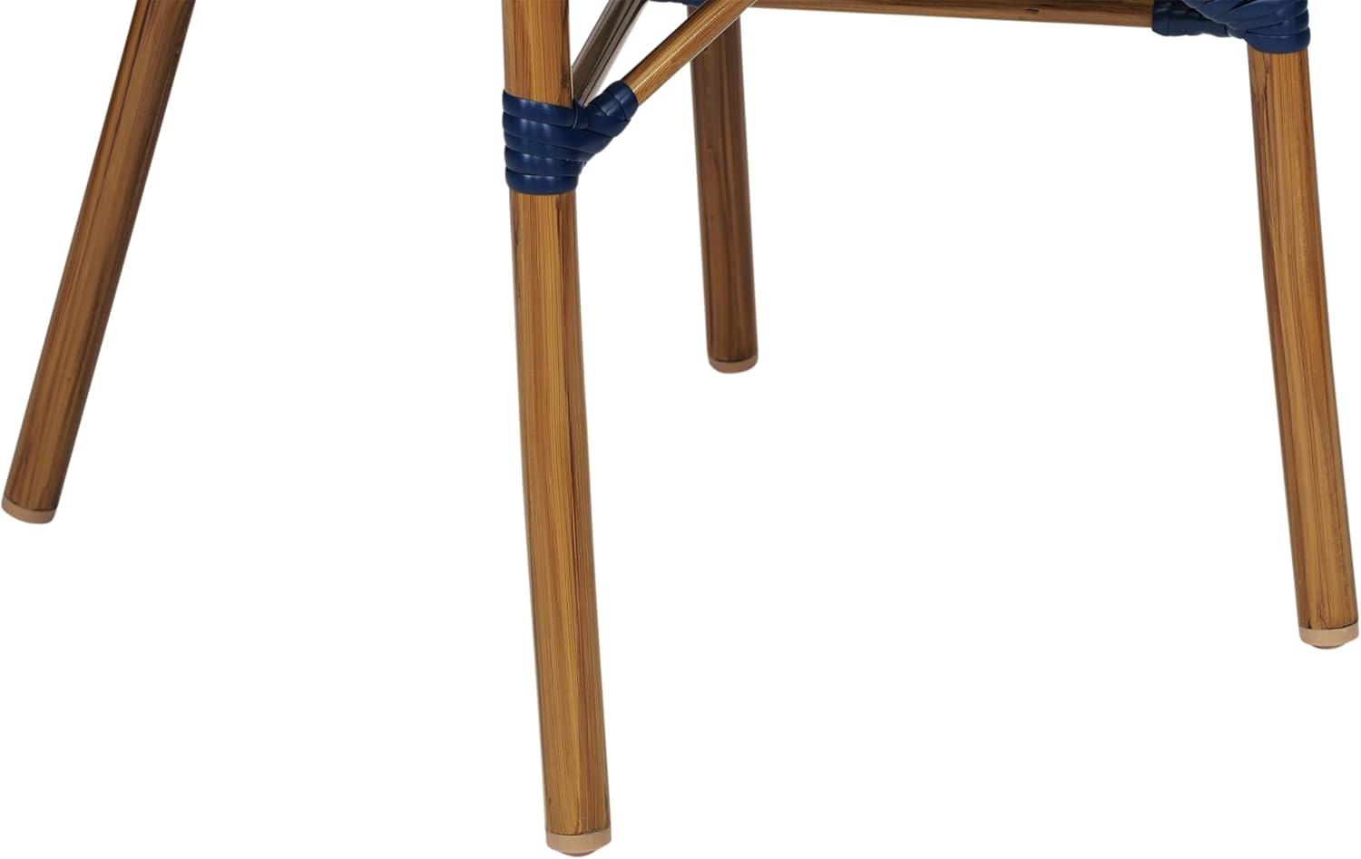Flash Furniture 4 PK Bordeaux Indoor/Outdoor Commercial Bistro Stacking Chair w/ Arms, Navy & White PE Rattan & Bamboo Print Aluminum Frame in Natural