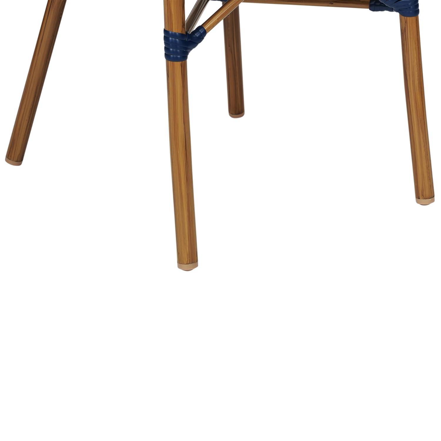 Flash Furniture 4 PK Bordeaux Indoor/Outdoor Commercial Bistro Stacking Chair w/ Arms, Navy & White PE Rattan & Bamboo Print Aluminum Frame in Natural