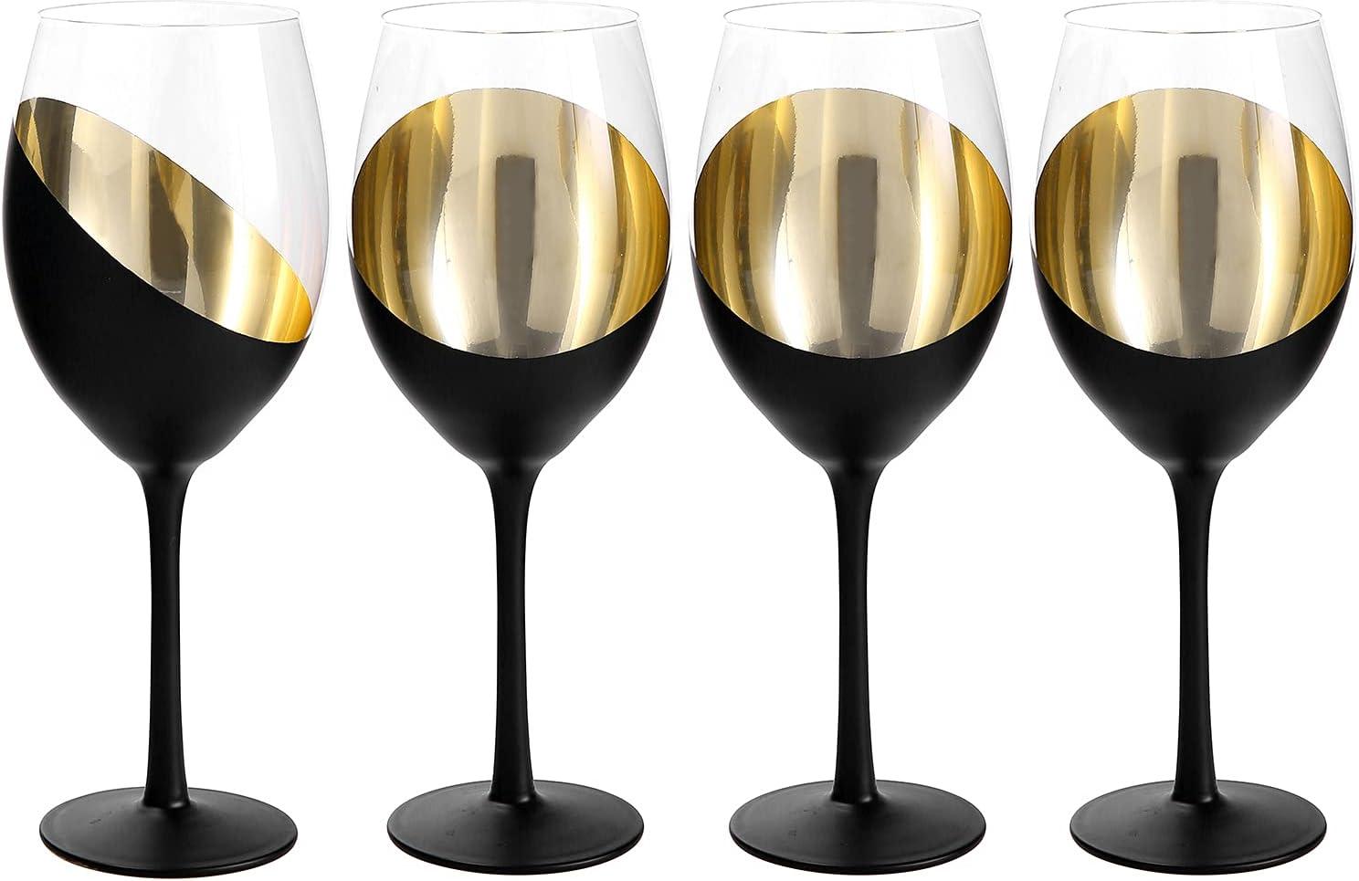 MyGift Set of 4 Matte Black & Gold Wine Glasses, 14 oz Stemmed Titled Design