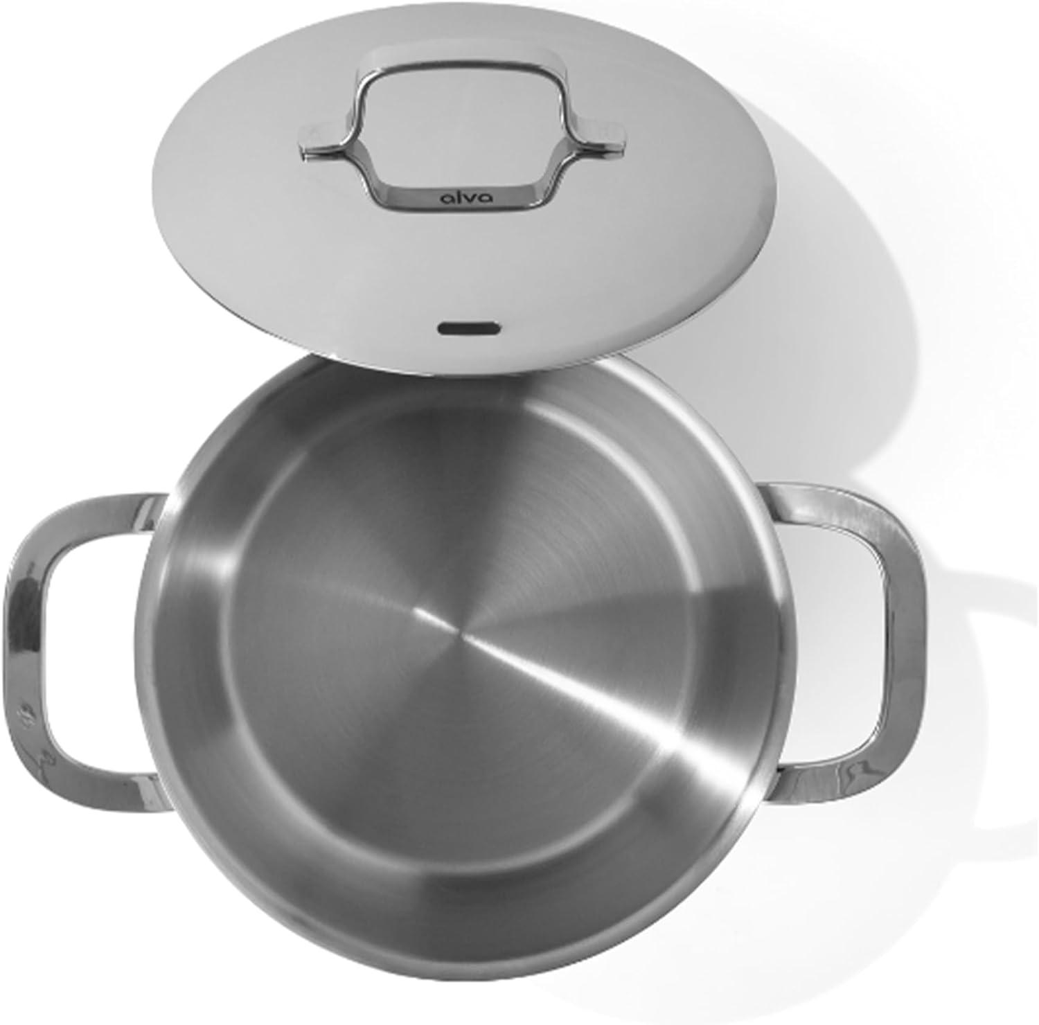 Alva Maestro 8 Qt. Stainless Steel Stock Pot with Lid Scratch Resistant Non-Toxic PFAS Free Compatible with All Stovetops Oven Safe & Induction Safe