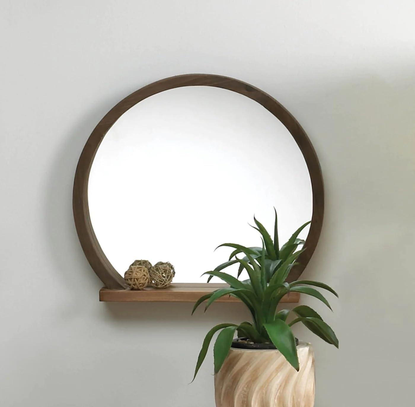 Rustic Round Wooden Mirror with Functional Shelf 17.75x2.75x16"