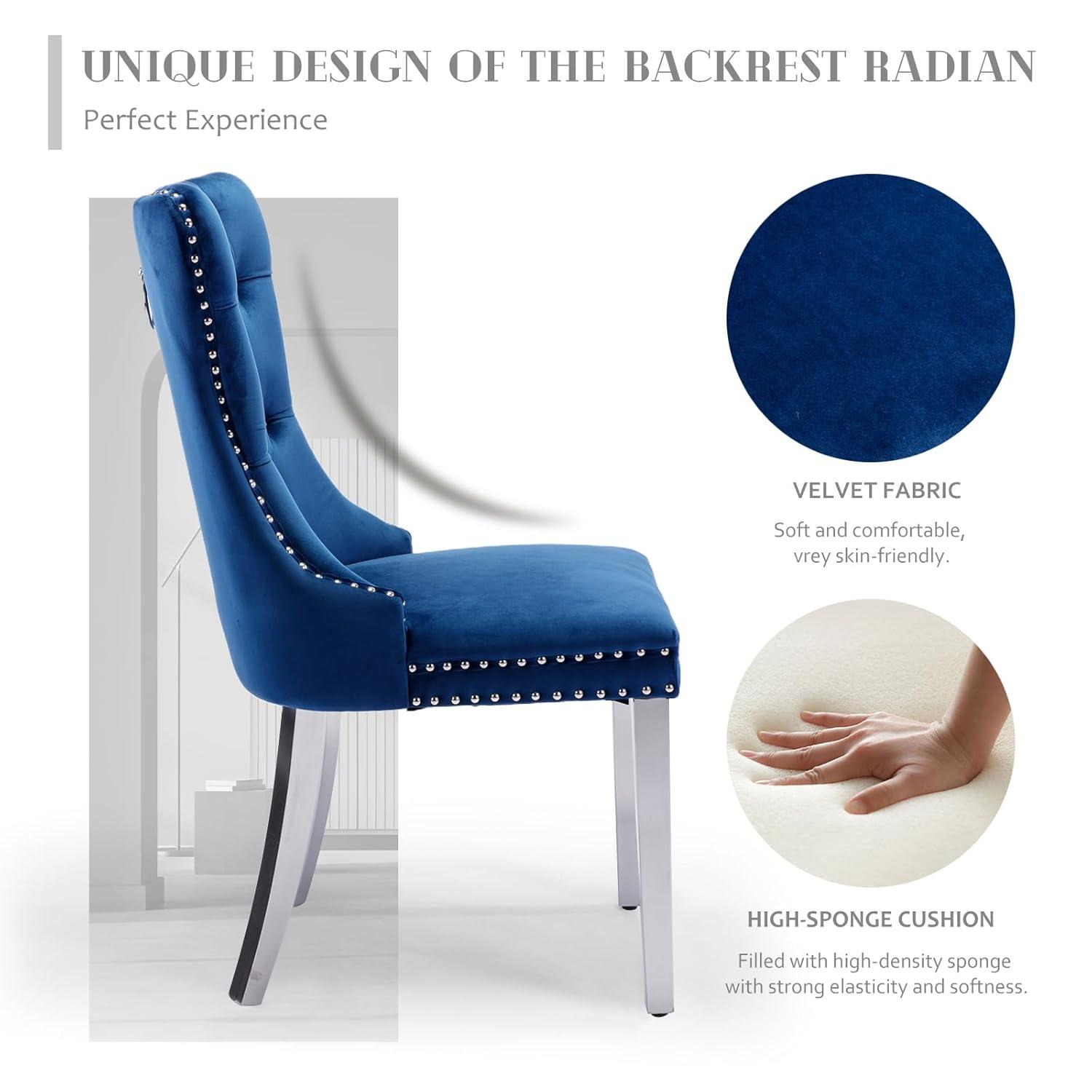SoarFlash Velvet Dining Chair Set of 4, Upholstered Tufted Dining Room Chair with Nailhead Trim and Solid Silver Plated Leg for Kitchen (Blue)