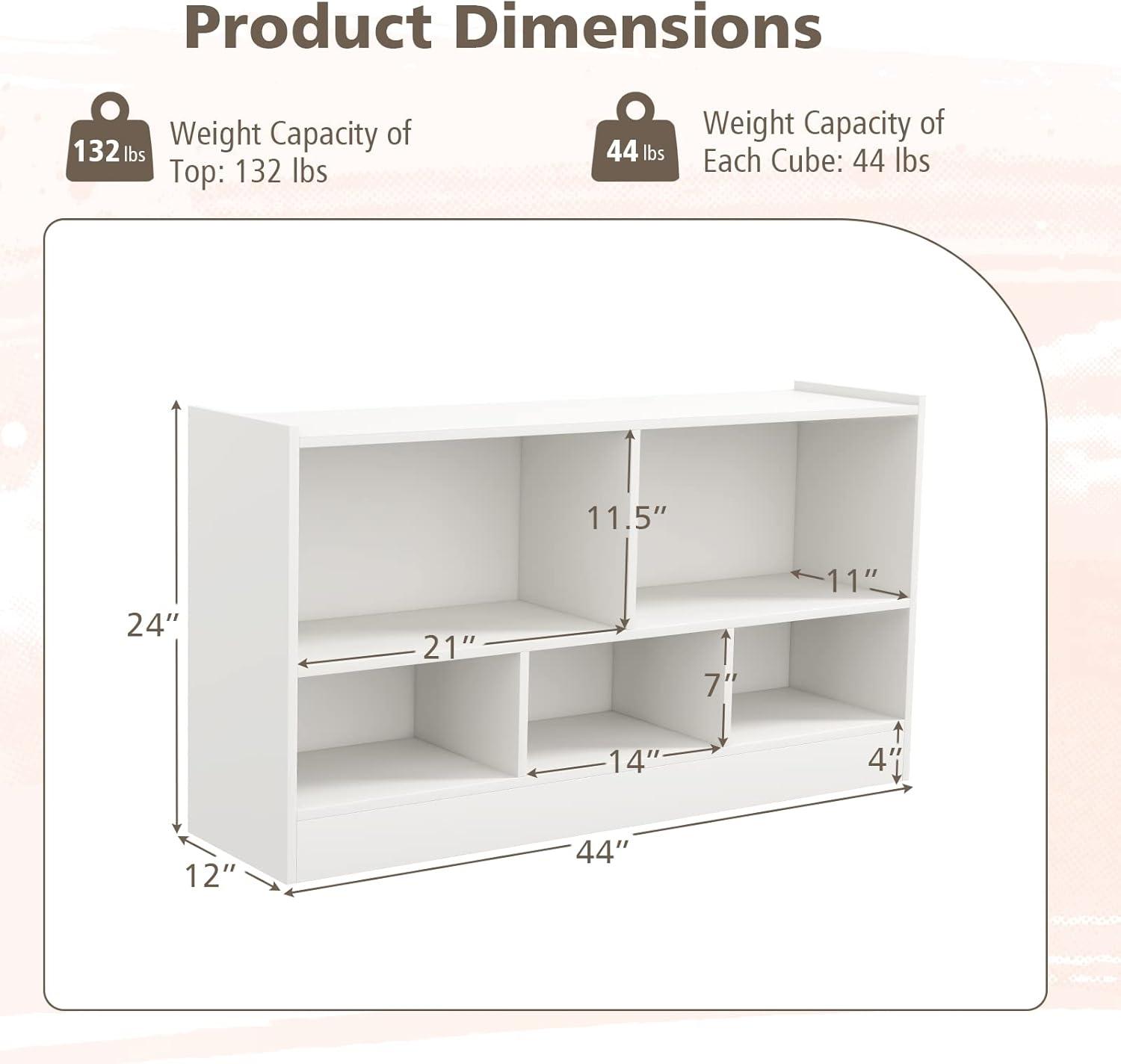 HOMGX Wooden Montessori Shelf for Kids, 5-Section Storage Cabinet, 2-Tier Open Kids Bookshelf, Toy Storage Organizer for Playroom, Classroom, White