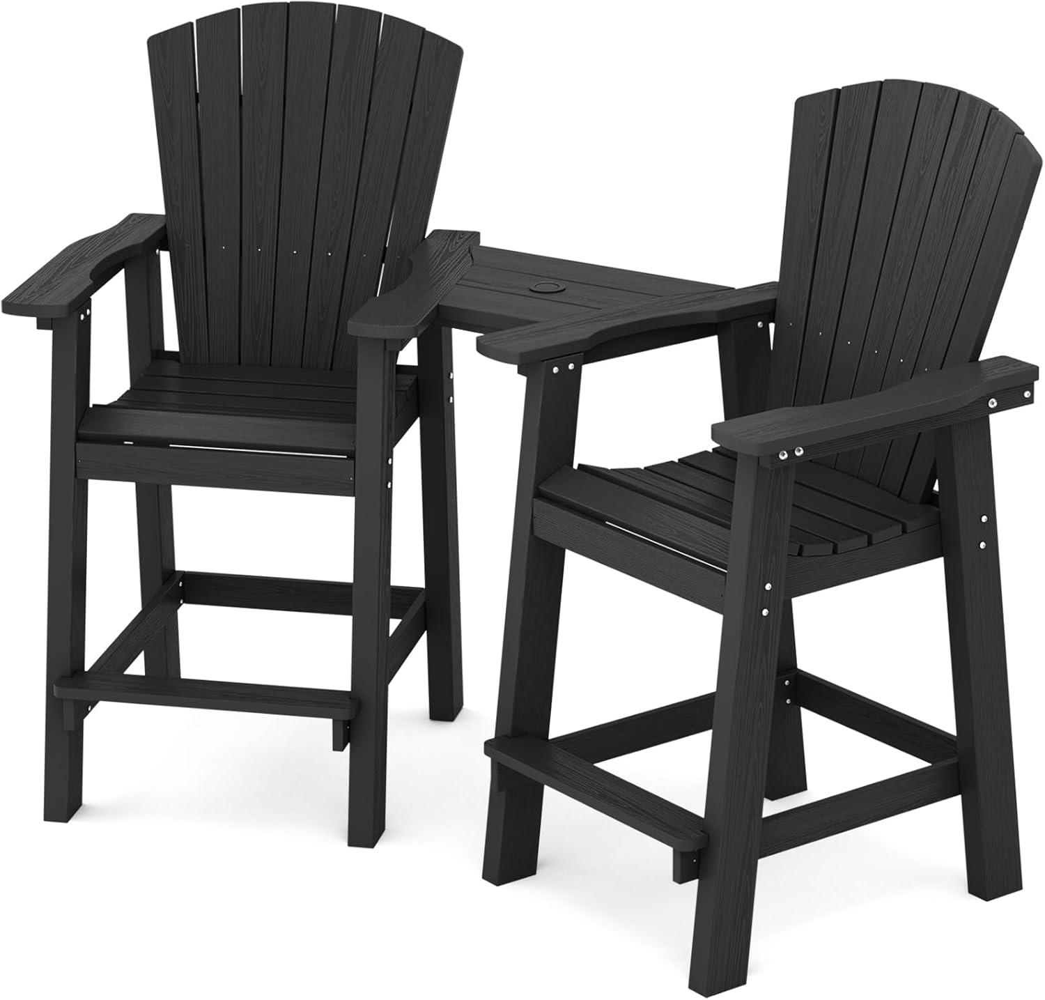 JUSTLET Tall Plastic Adirondack Chair Set of 2 W/ Outdoor Barstools and Connecting Tray, Brown