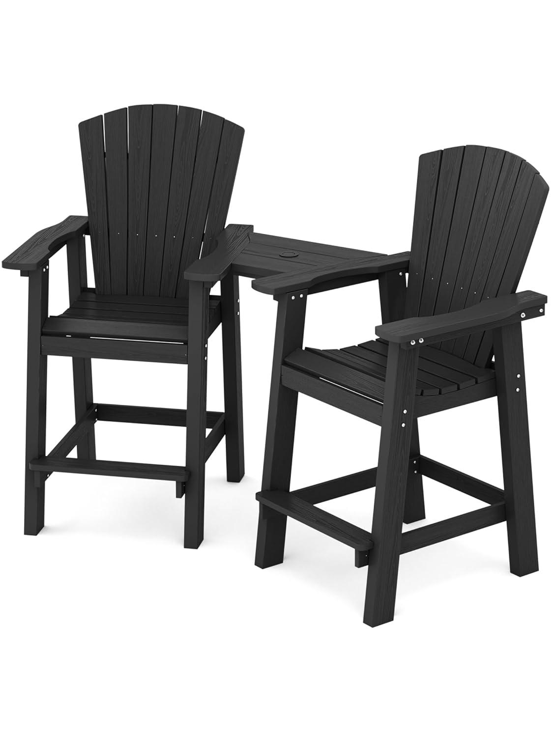 JUSTLET Tall Plastic Adirondack Chair Set of 2 W/ Outdoor Barstools and Connecting Tray, Brown