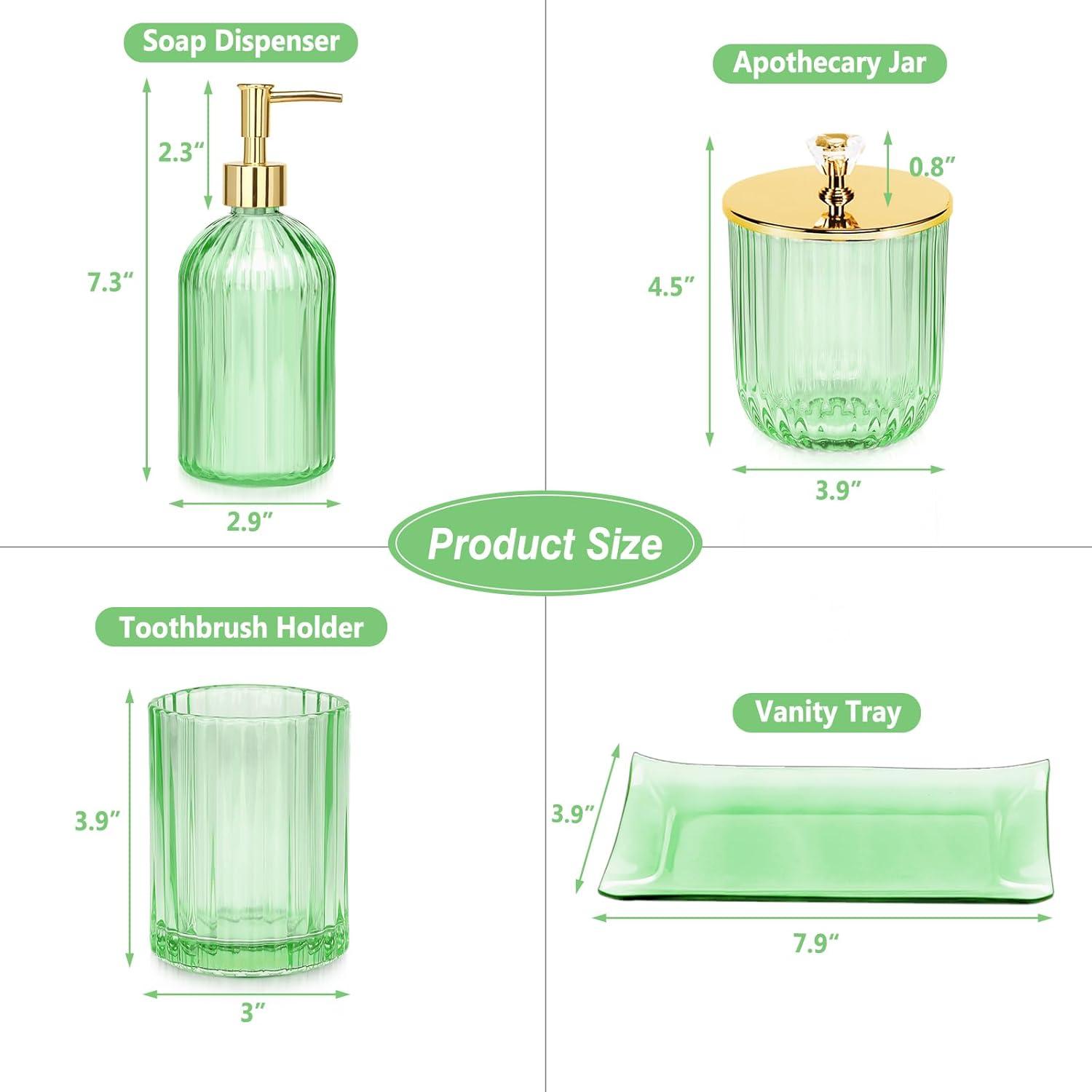 Green Glass Bathroom Accessory Set with Gold Accents