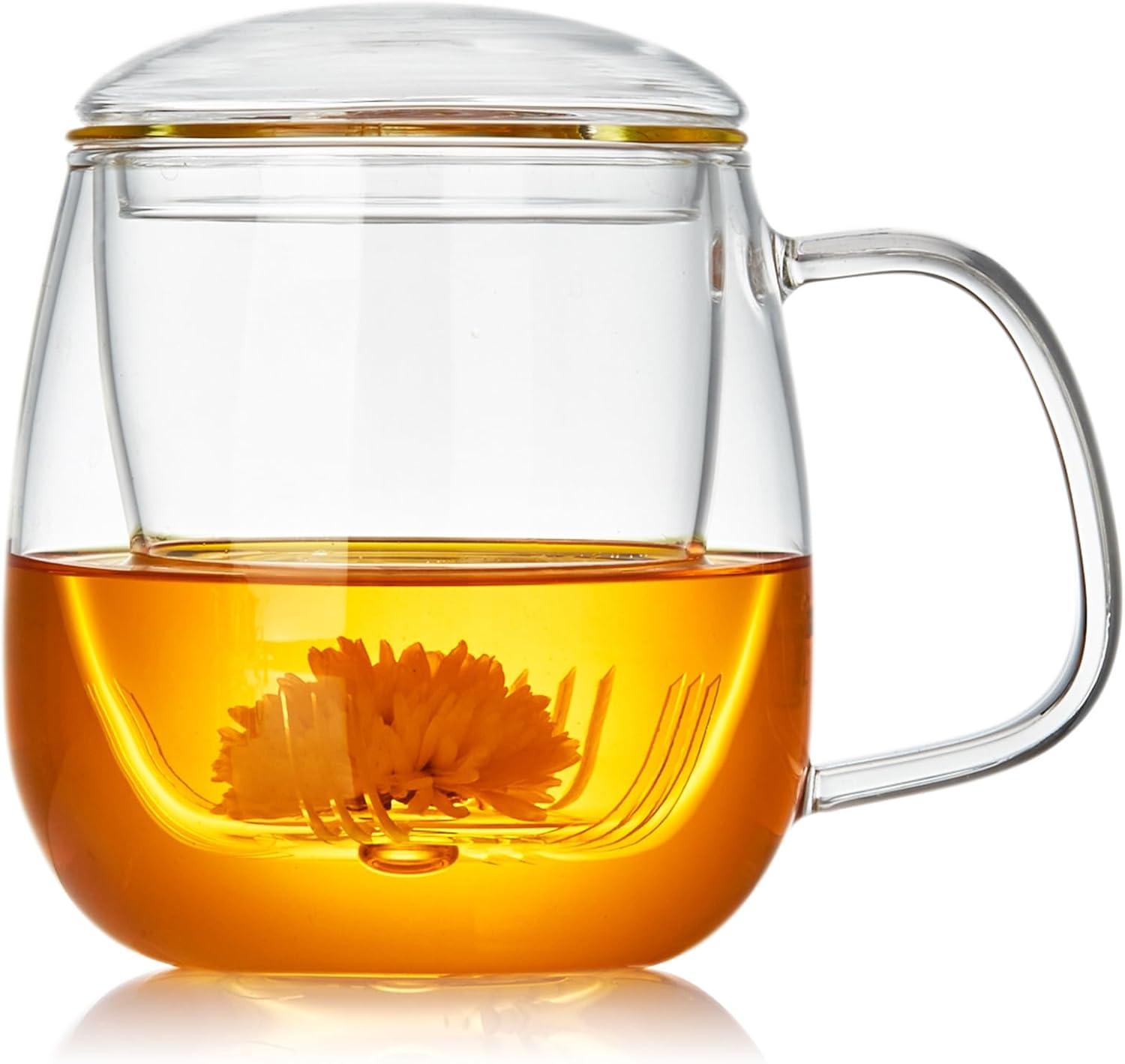 Large Clear Borosilicate Glass Tea Cup with Infuser and Lid, 17.6oz