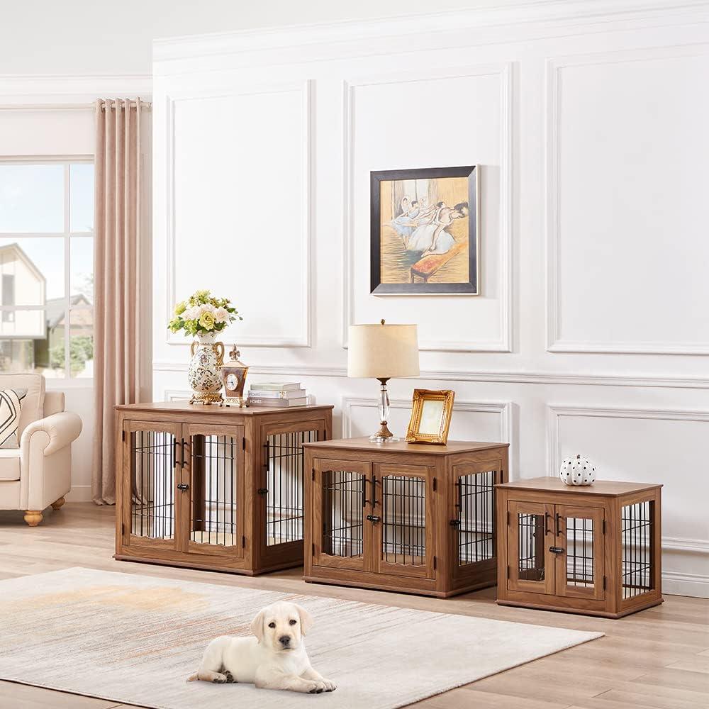 Walnut Medium Wooden Dog Crate End Table with Bed