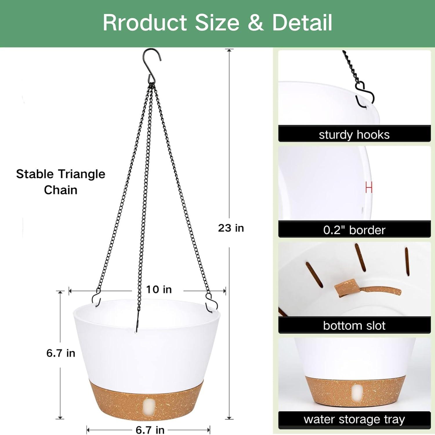 QCQHDU 2 Pack 10 inch White Plastic Hanging Planters with 3 Hooks, Hanging Plant Pot Basket with Drainage Hole for Garden Home