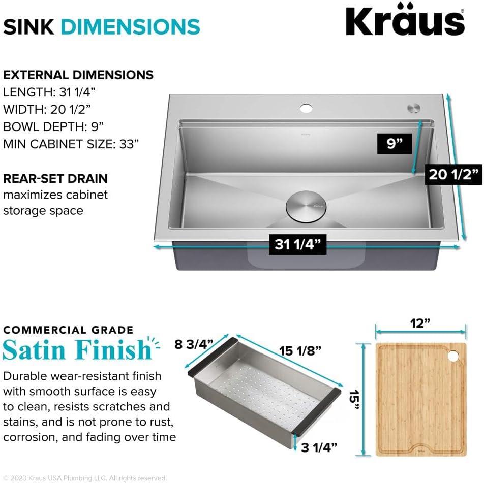 KRAUS Kore™ Workstation 32-inch L Drop-In Single Bowl Stainless Steel Kitchen Sink with Accessories (Pack of 5)