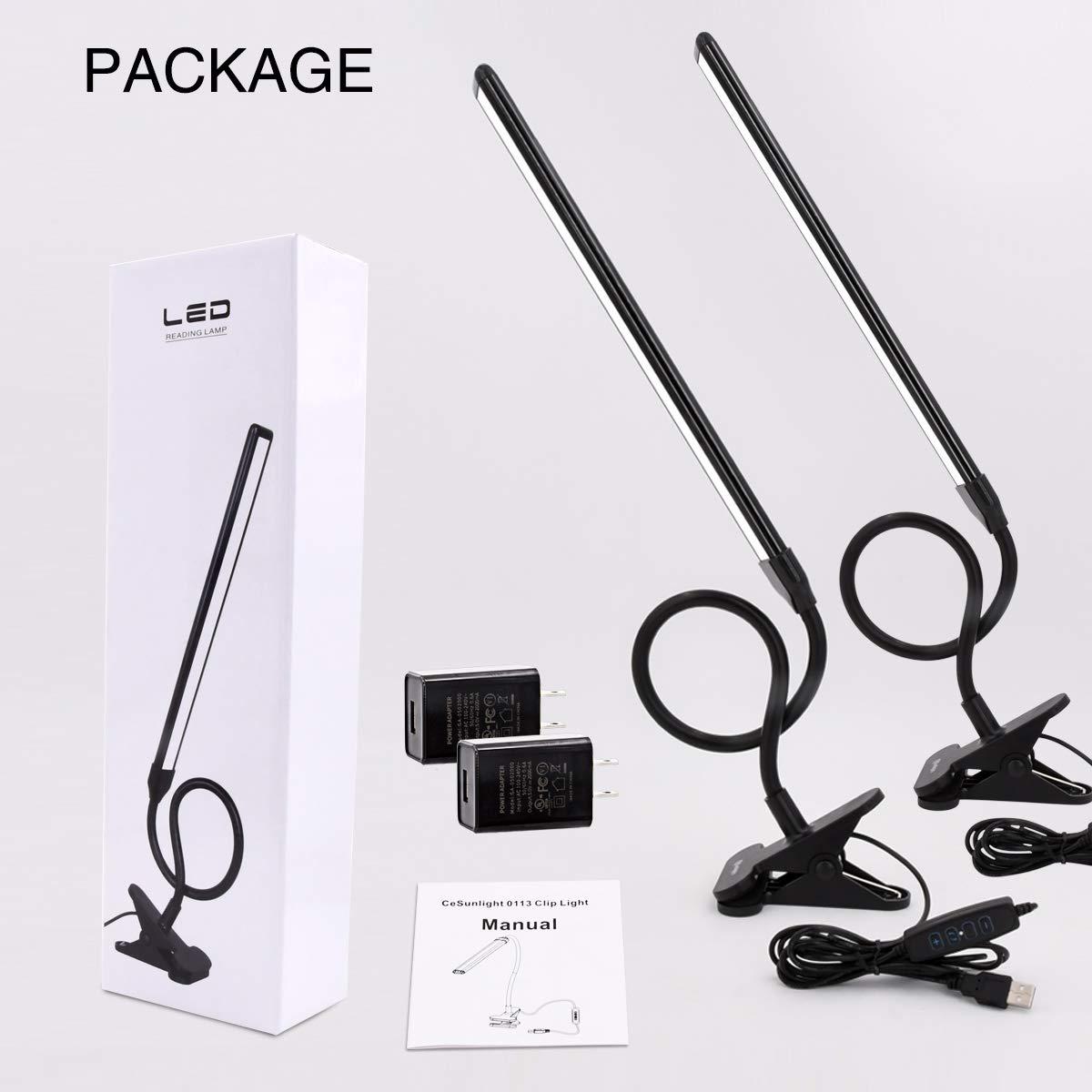 Clamp on Lamp, Clip Light, Desk Lamps with 3 Color Temperature Settings, 10 Brightness Levels, 2m USB Cord Power Supply and AC Adapter Included, Pack of 2 (Black)