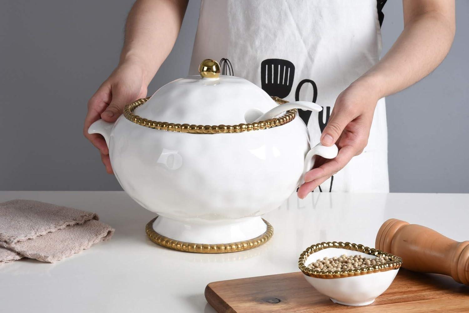 Pampa Bay Porcelain Soup Tureen and Ladle (White and Gold)