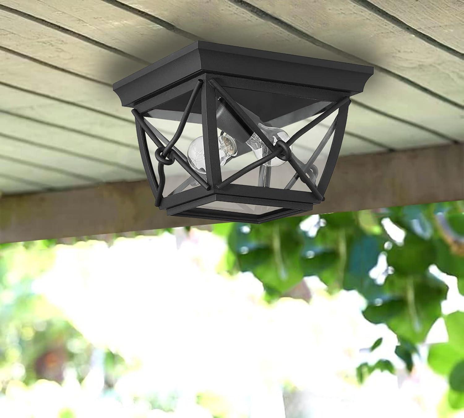 Black Steel and Glass Outdoor Flush Mount Ceiling Light