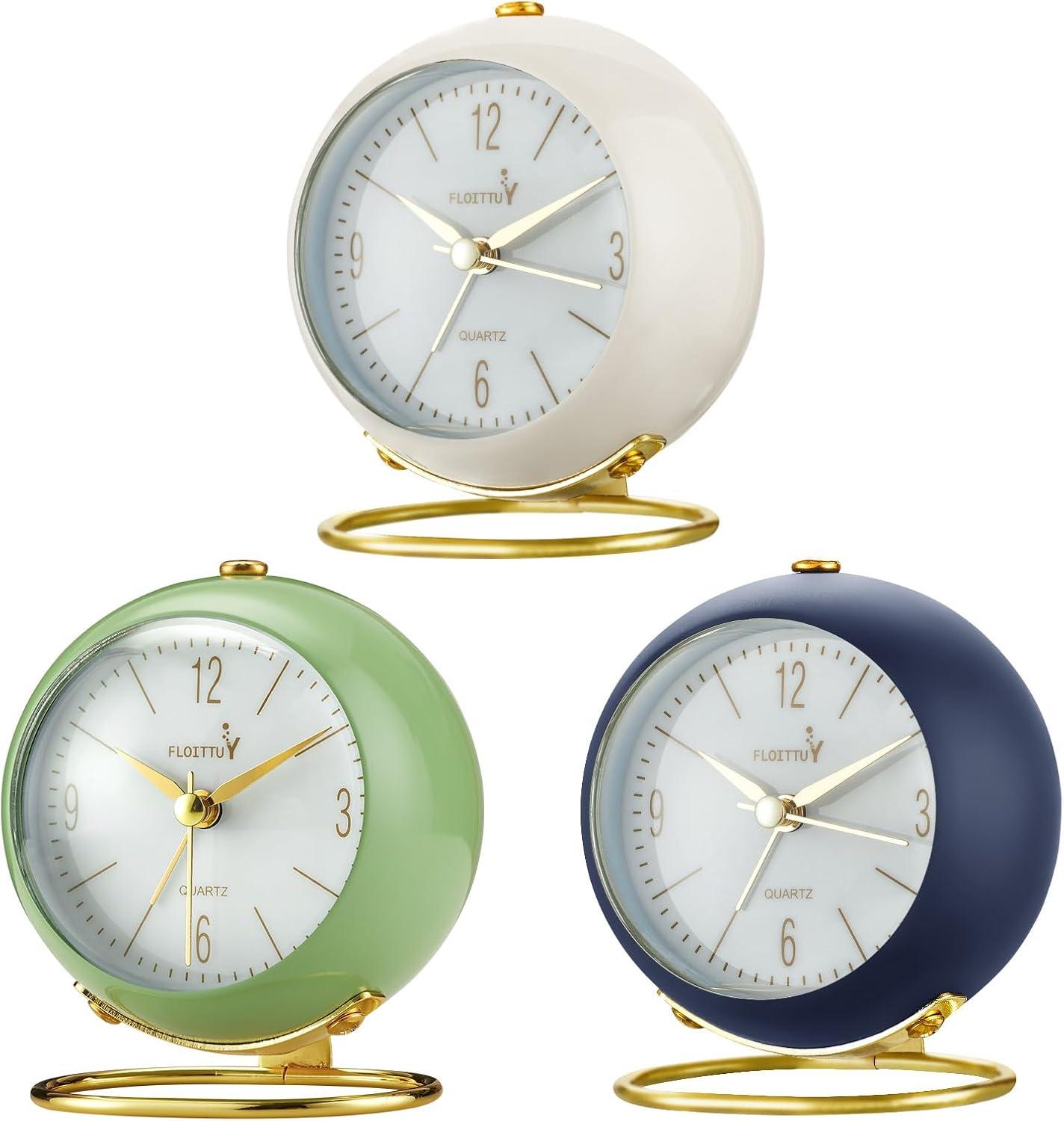 Green and Gold Silent Analog Alarm Clock with Metal Base