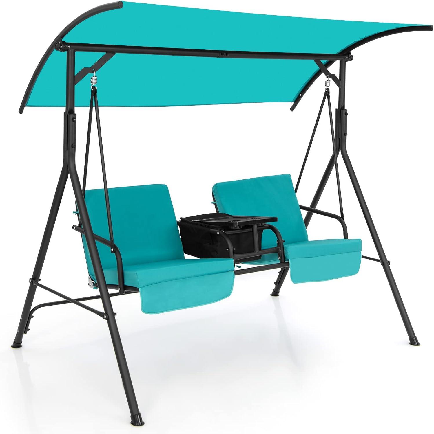 Resenkos Porch Swing, Porch Swing Chair with Adjustable Canopy-Turquoise, Hanging Outdoor Porch Swings for Garden, Backyard