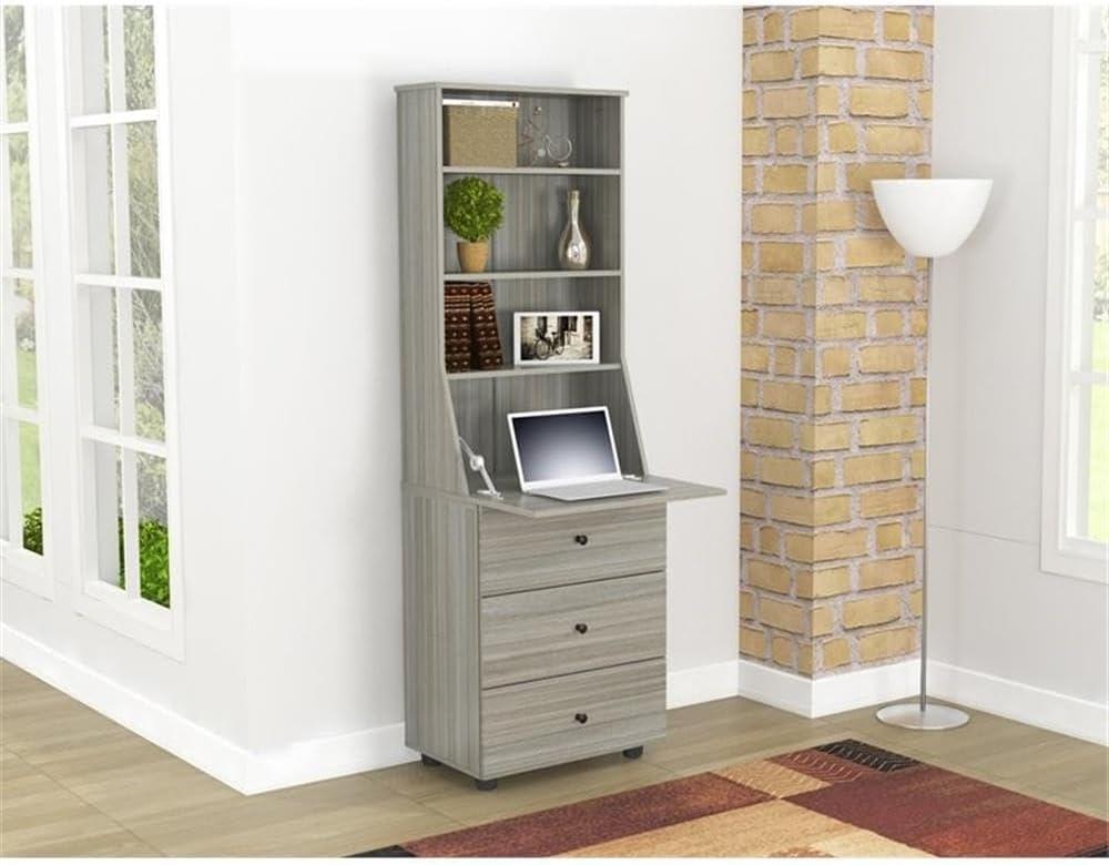 Computer Credenza Workcenter Gray - Inval: Smoke Oak Laminate, Glass Doors, Cable Management