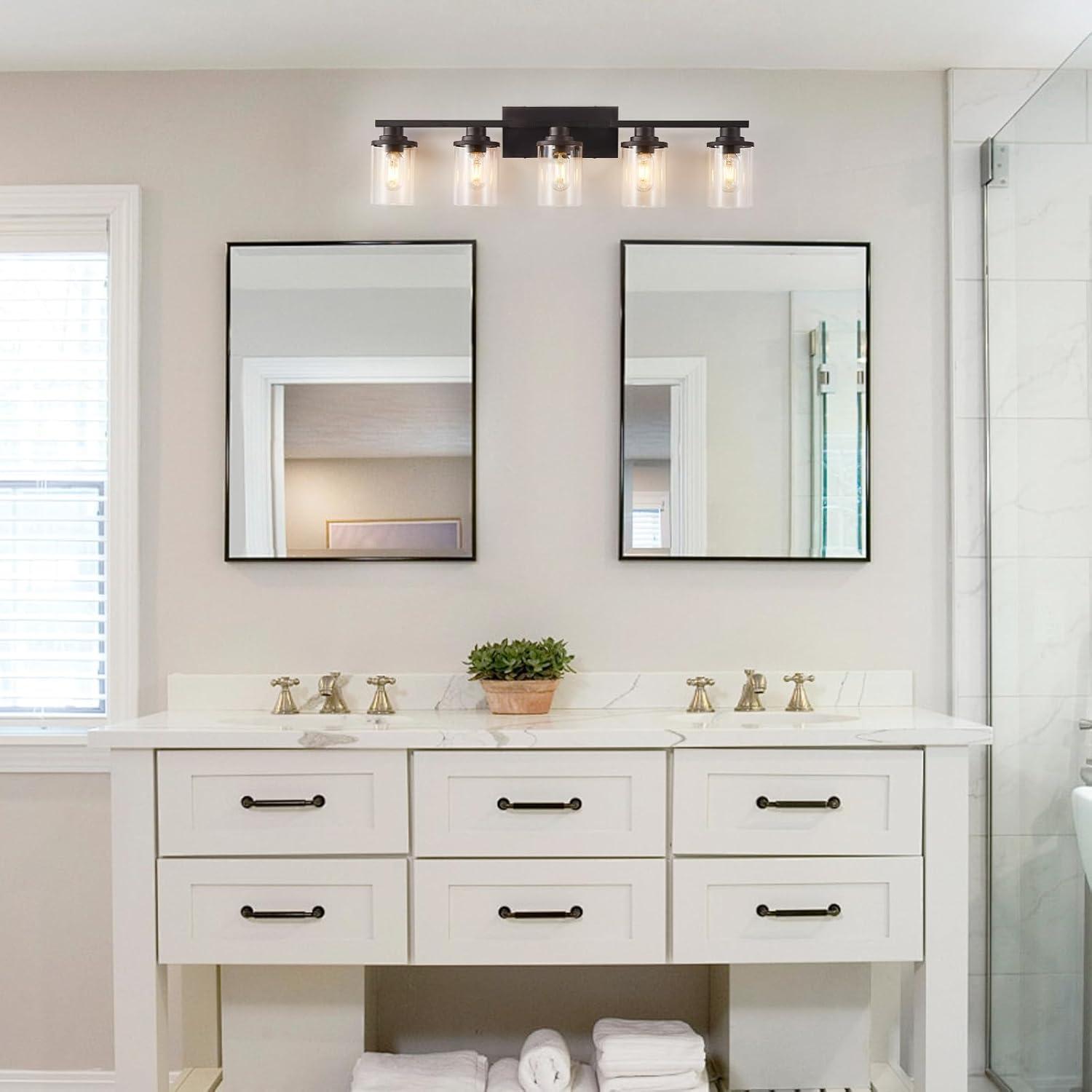 Matte Black 5-Light Bathroom Vanity Fixture with Glass Shades