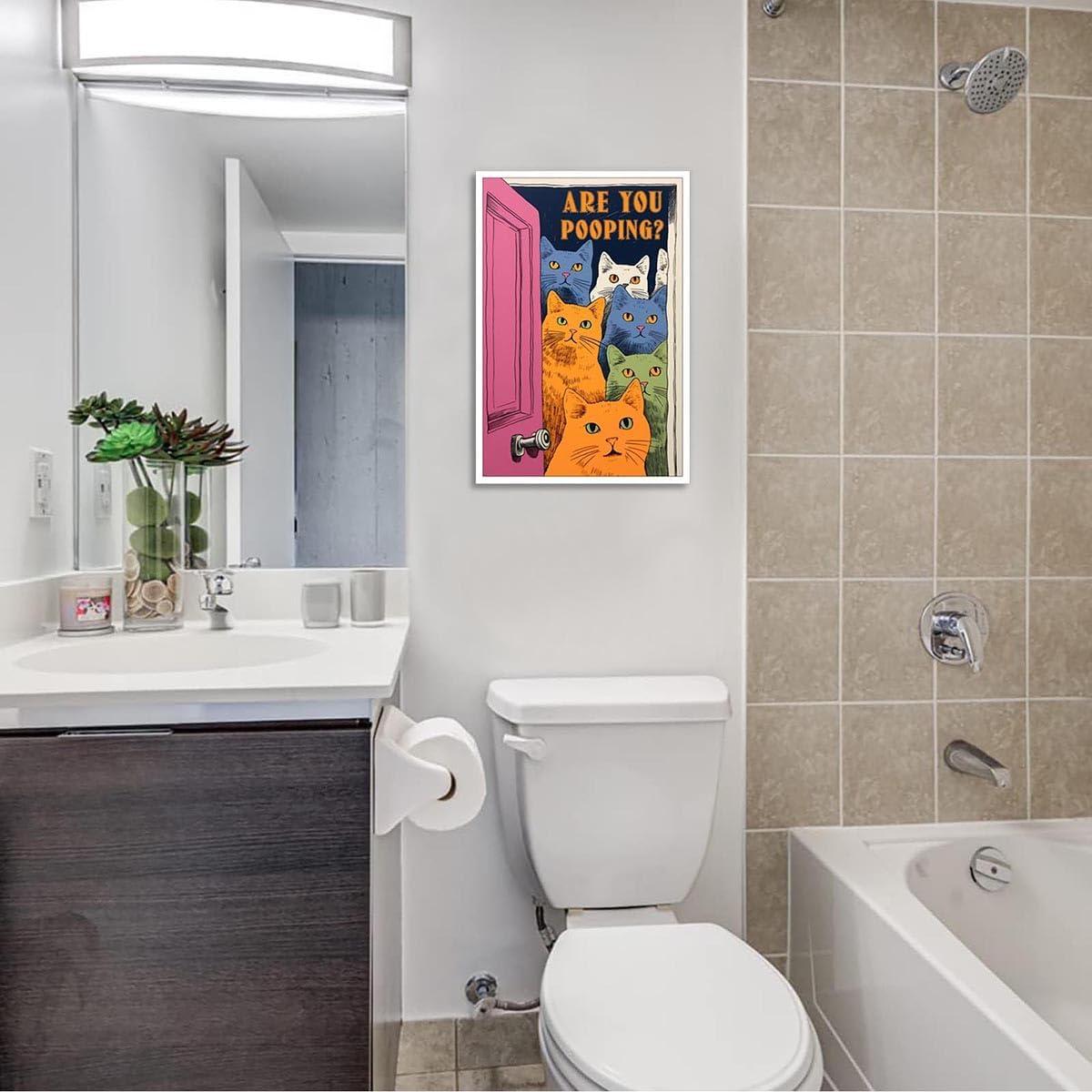 Funny Bathroom Cat Print Poster, Funky Are You Pooping Cat Sign Canvas Wall Art, Quirky Cats Witty Humor Pictures Artwork for Toilet Wall Decor 12x16in Unframed