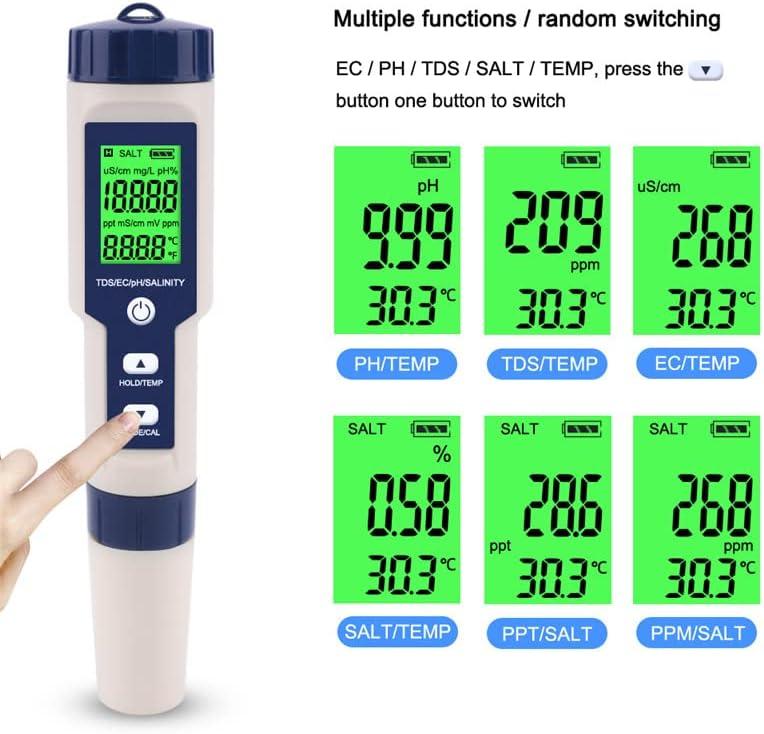 5 in 1 PH Meter Gomass 0.01 High Accuracy ph Tester Digital for Water TDS/EC/Salt/Temp/PH Pen, PPM Meter Water Tester Drinking Water, Hydroponics, Plants, Aquarium and Pool